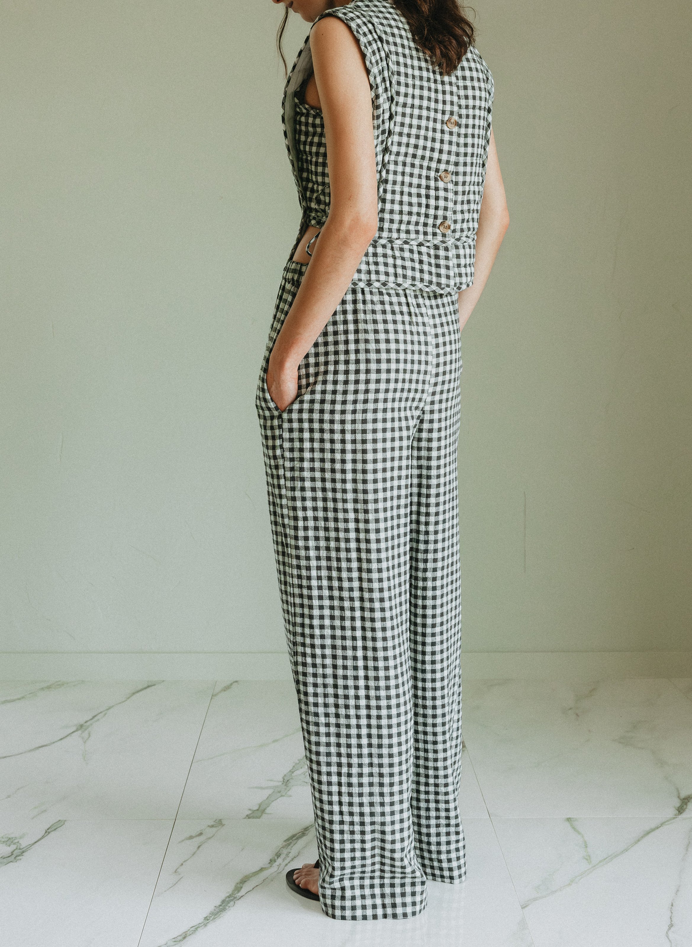 Pantalon large en coton à carreaux Green