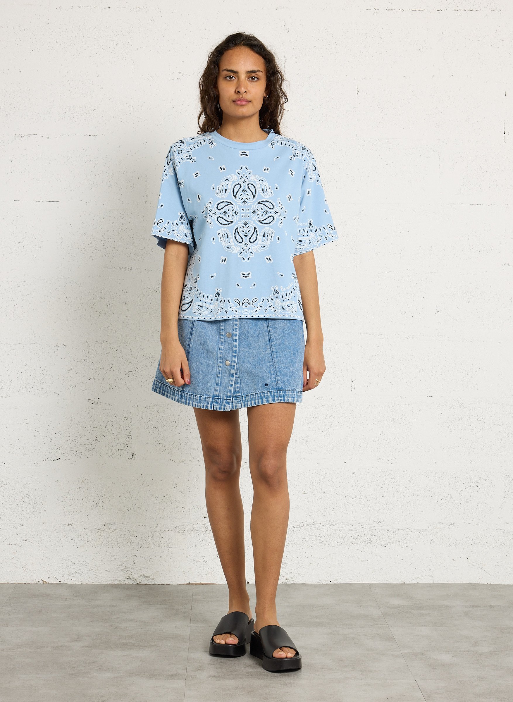 Tee-shirt droit col rond en coton imprimé BERENICE Bleu