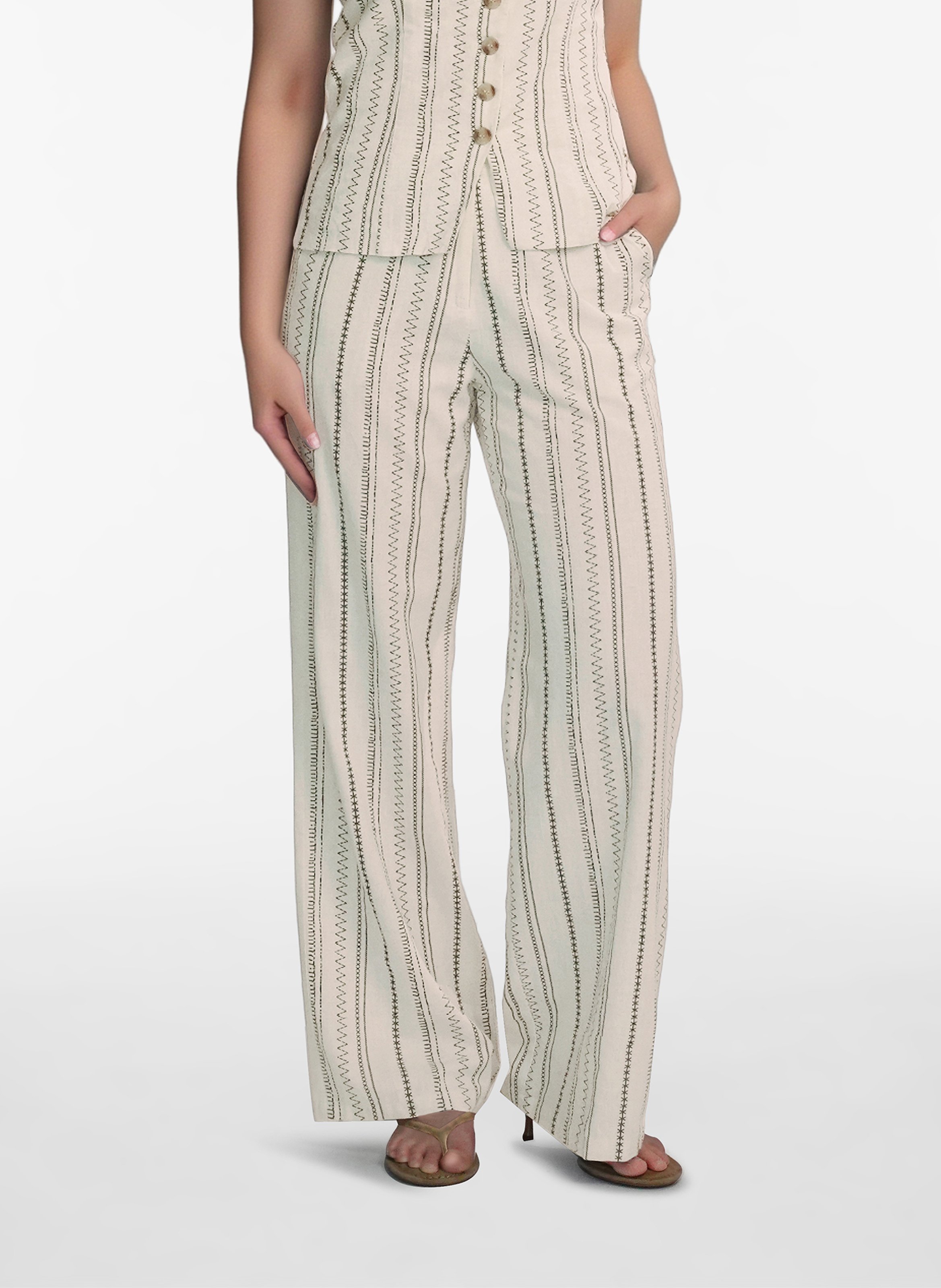 Pantalón ancho de algodón y lino estampado. VILA Beige