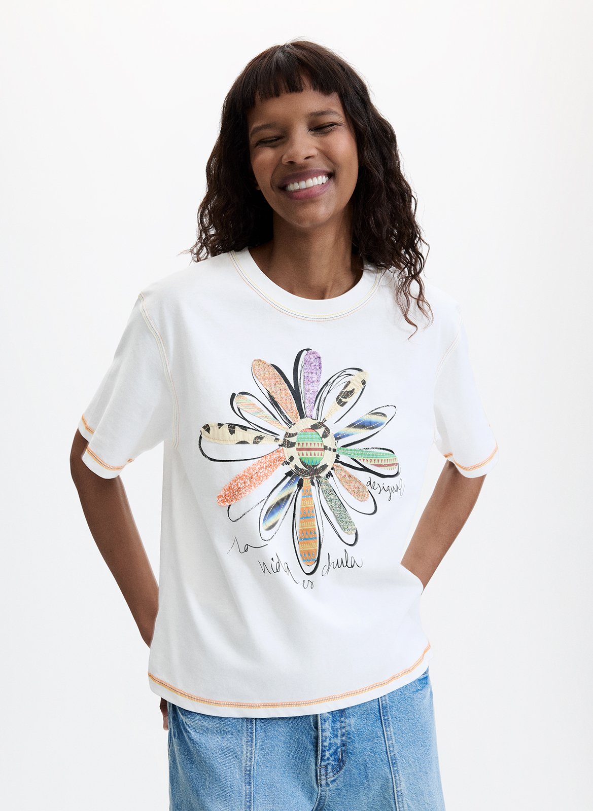 Tee-shirt oversize col rond en coton sérigraphié DESIGUAL Blanc