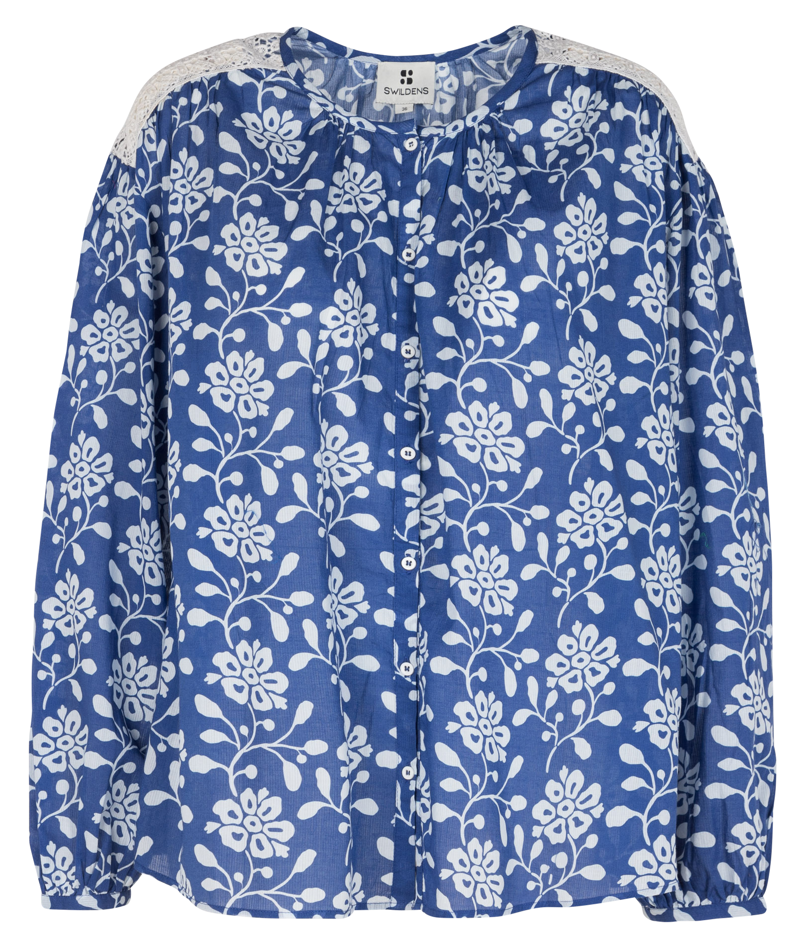 Straight-cut printed cotton shirt with round neck SWILDENS Blue