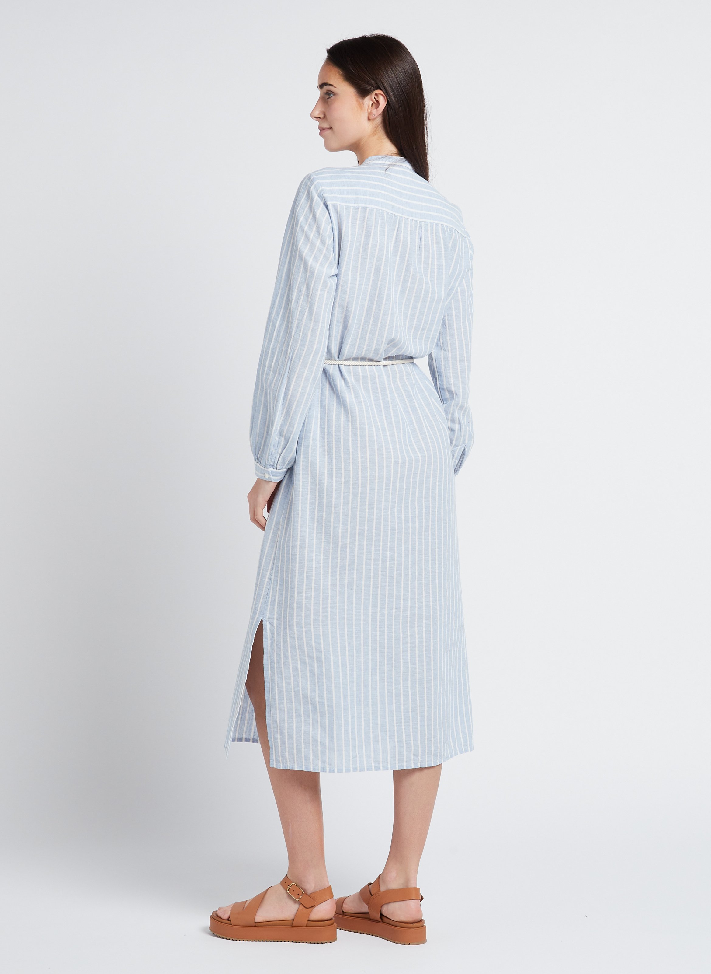 Long buttoned striped cotton and linen dress HARTFORD Blue