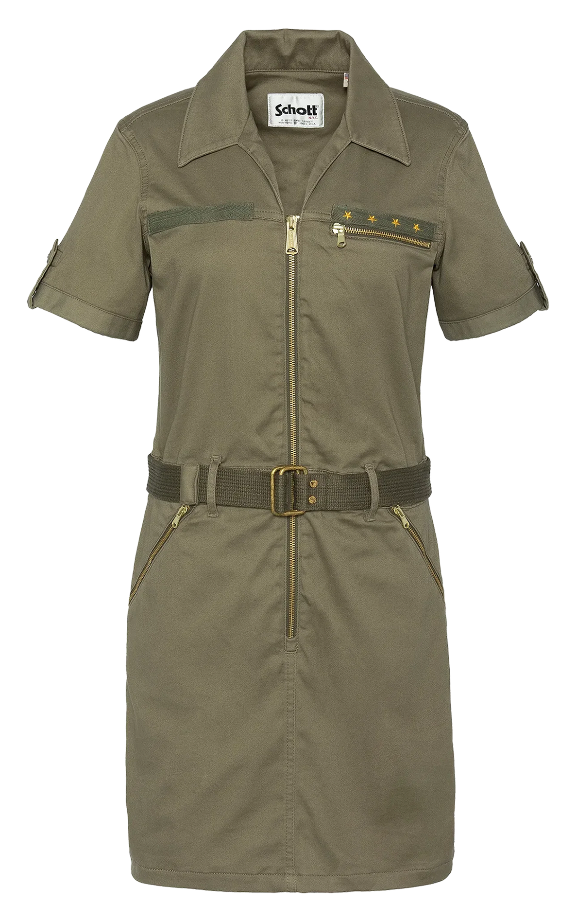 Short cotton-blend dress with classic collar SCHOTT Khaki