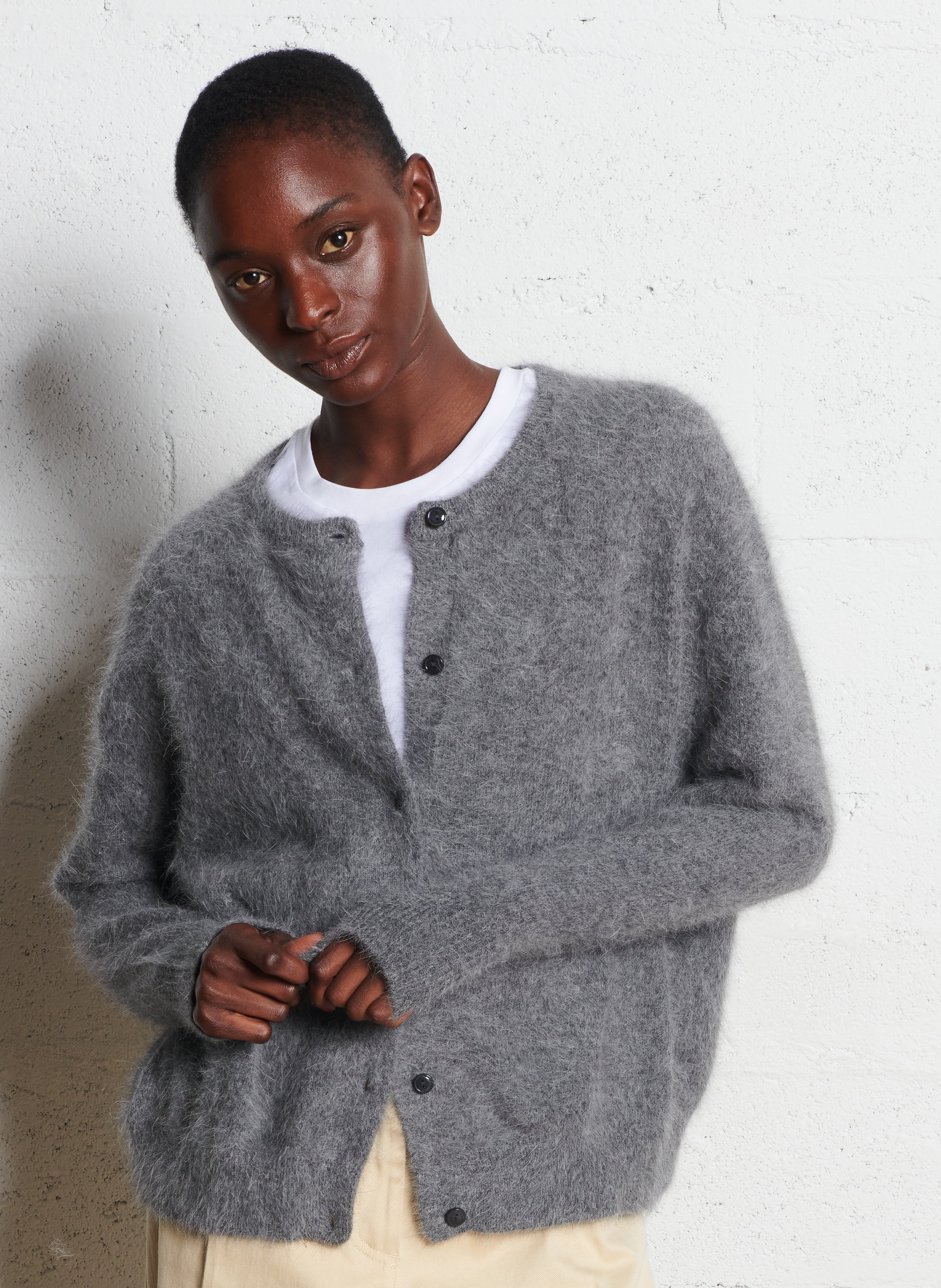 Round-neck mixed-knit cardigan BELLEROSE Grey