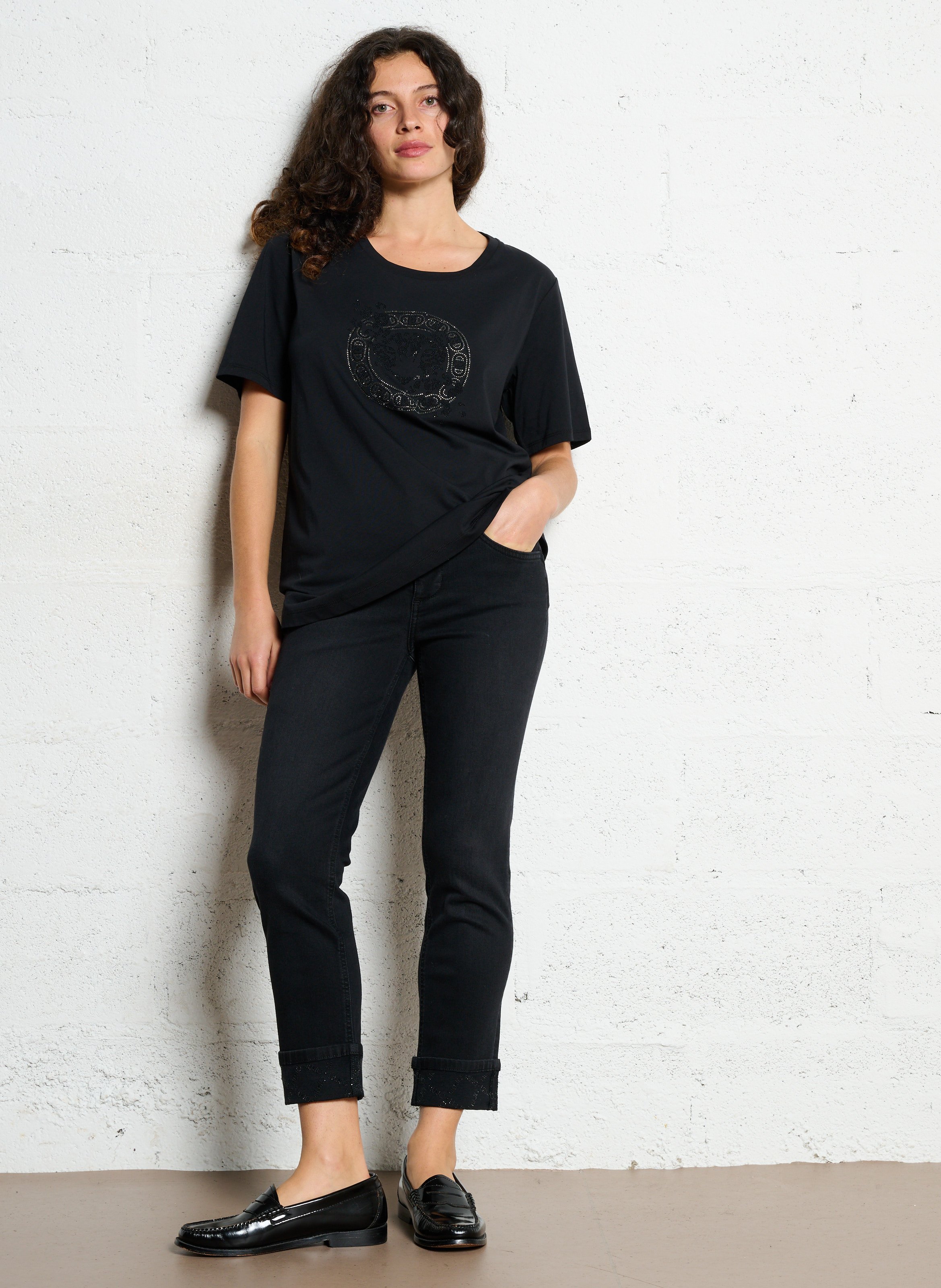 Jean droit uni avec revers à strass LIU JO Noir