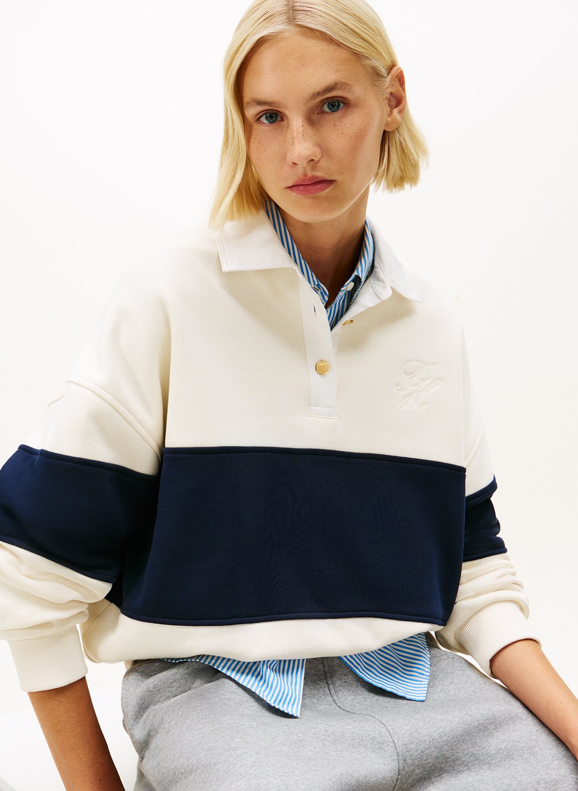 Sweat col polo à rayure en coton mélangé TOMMY HILFIGER Beige