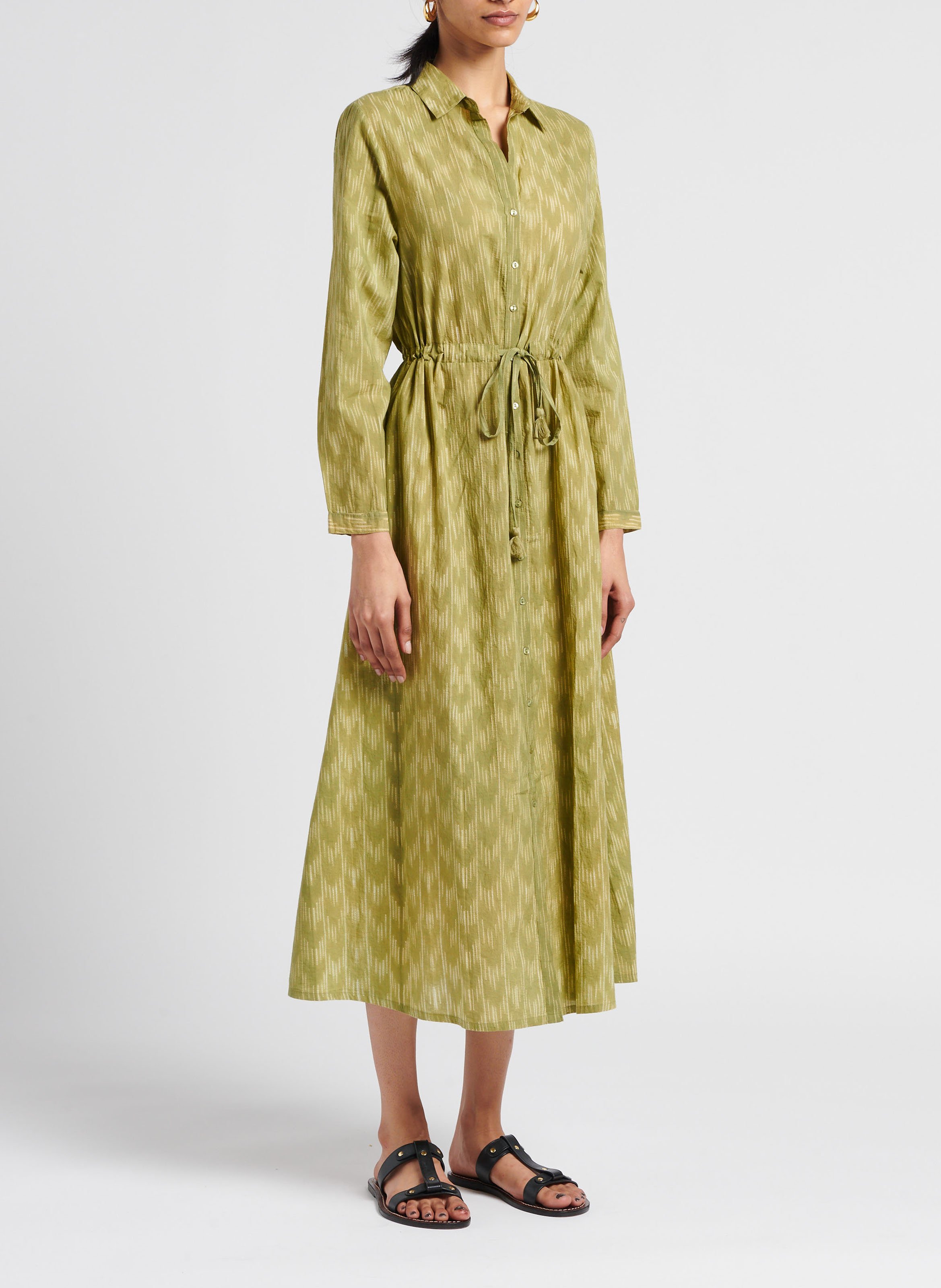 Robe midi col V en coton imprimé MAISON HOTEL Kaki