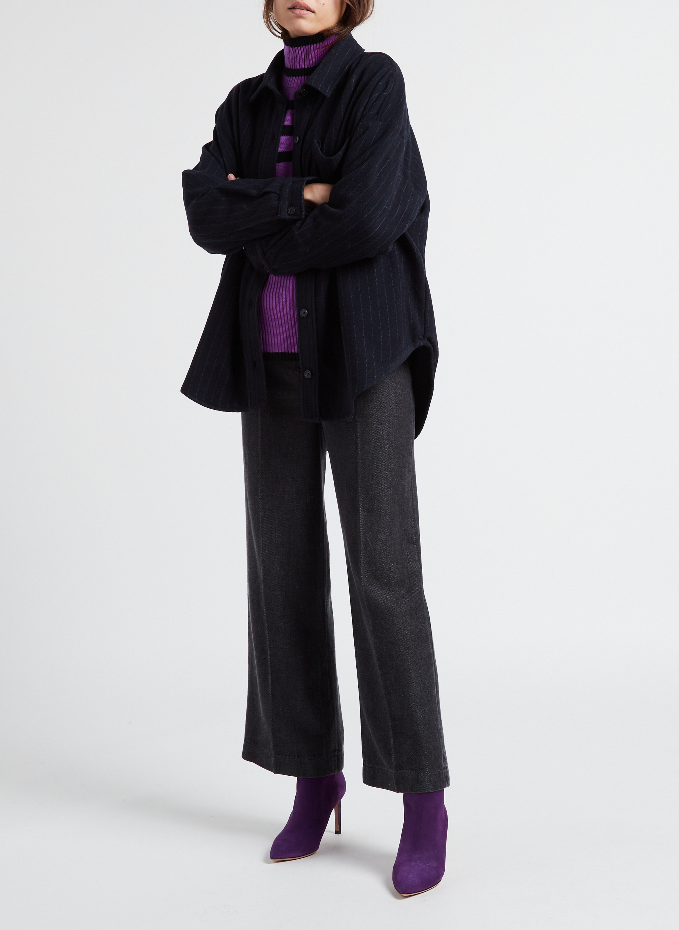 Hemdjacke aus Wollmix mit klassischem Kragen und Streifen BELLEPIECE Blau