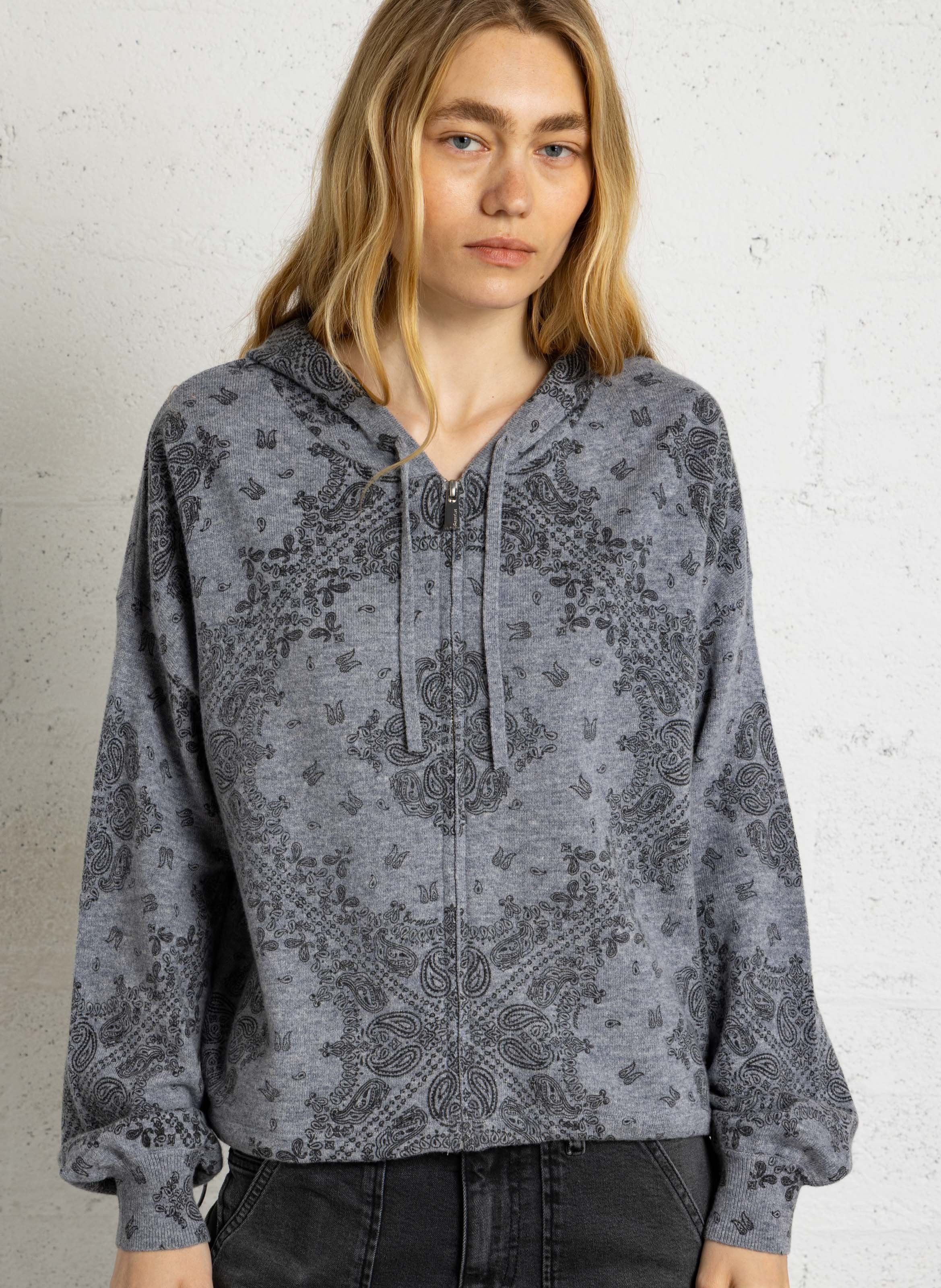 Hooded cardigan with bandana print BERENICE Grey