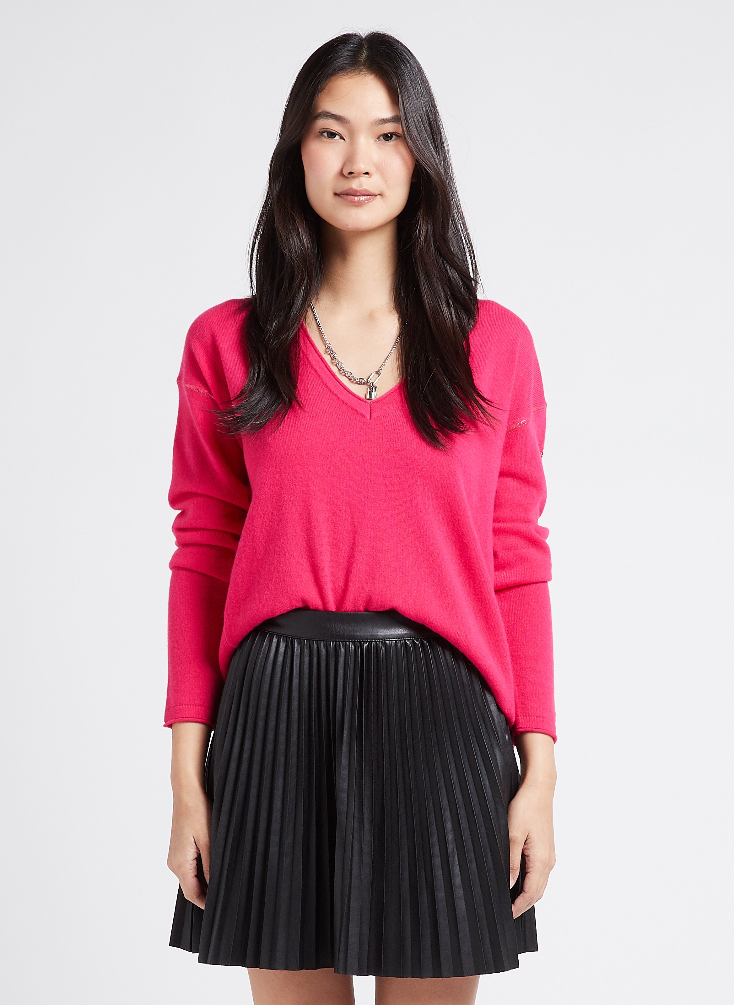 Pull Col V En Cachemire Rose Fluo Ikks Femme Place des Tendances