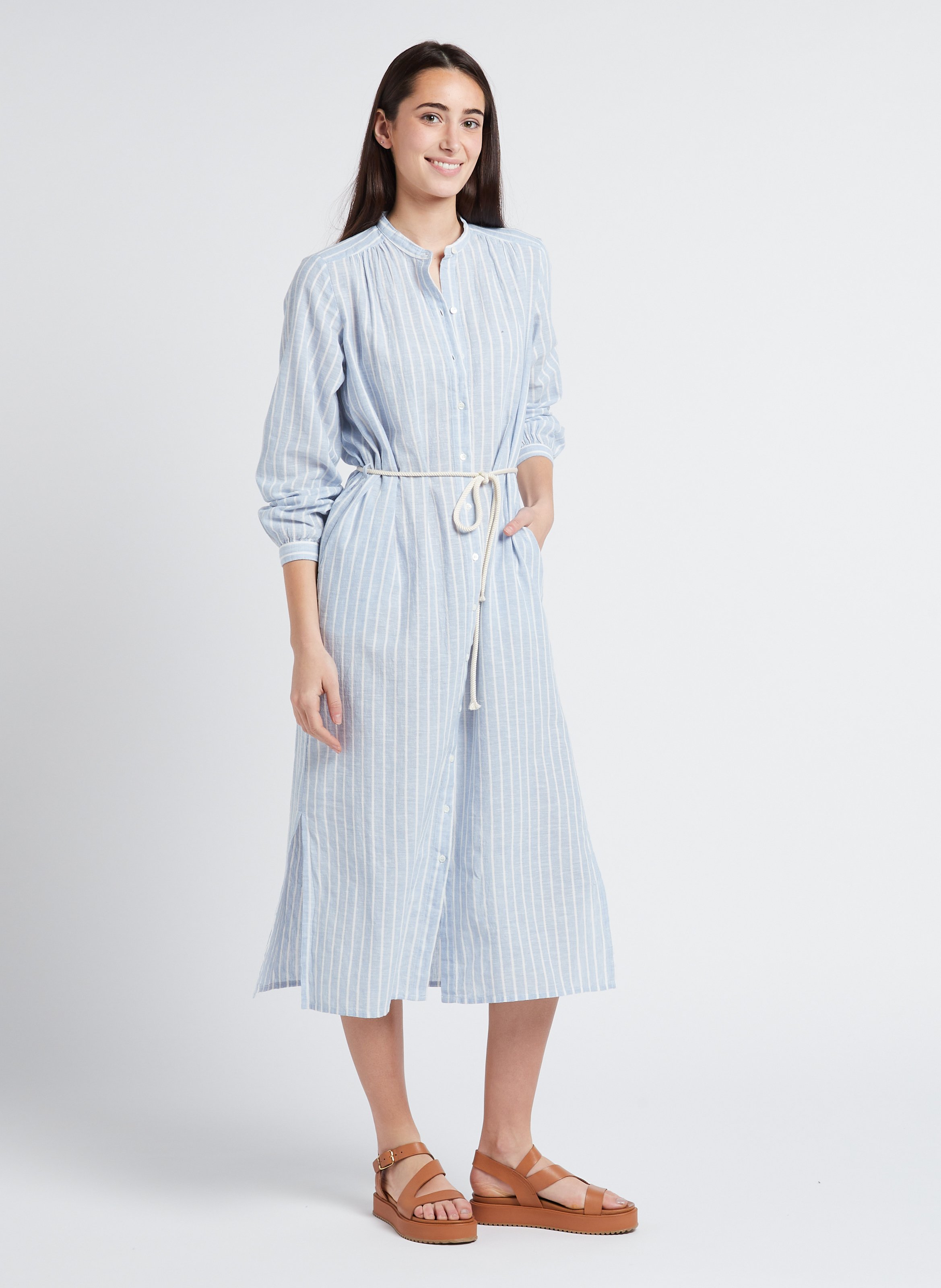 Long buttoned striped cotton and linen dress HARTFORD Blue