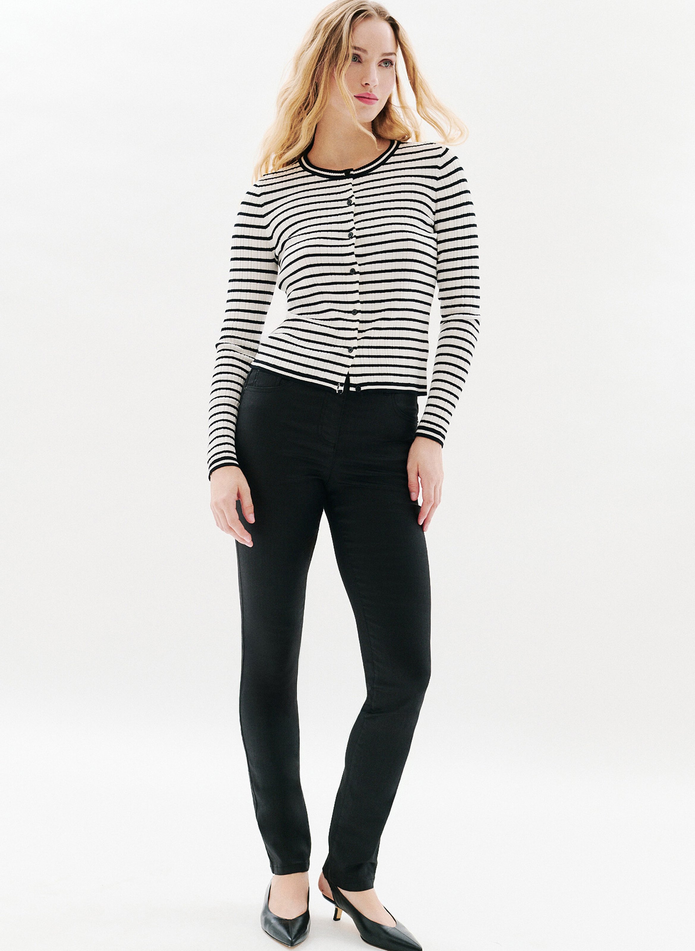 Cardigan droit col rond rayé CAROLL Noir