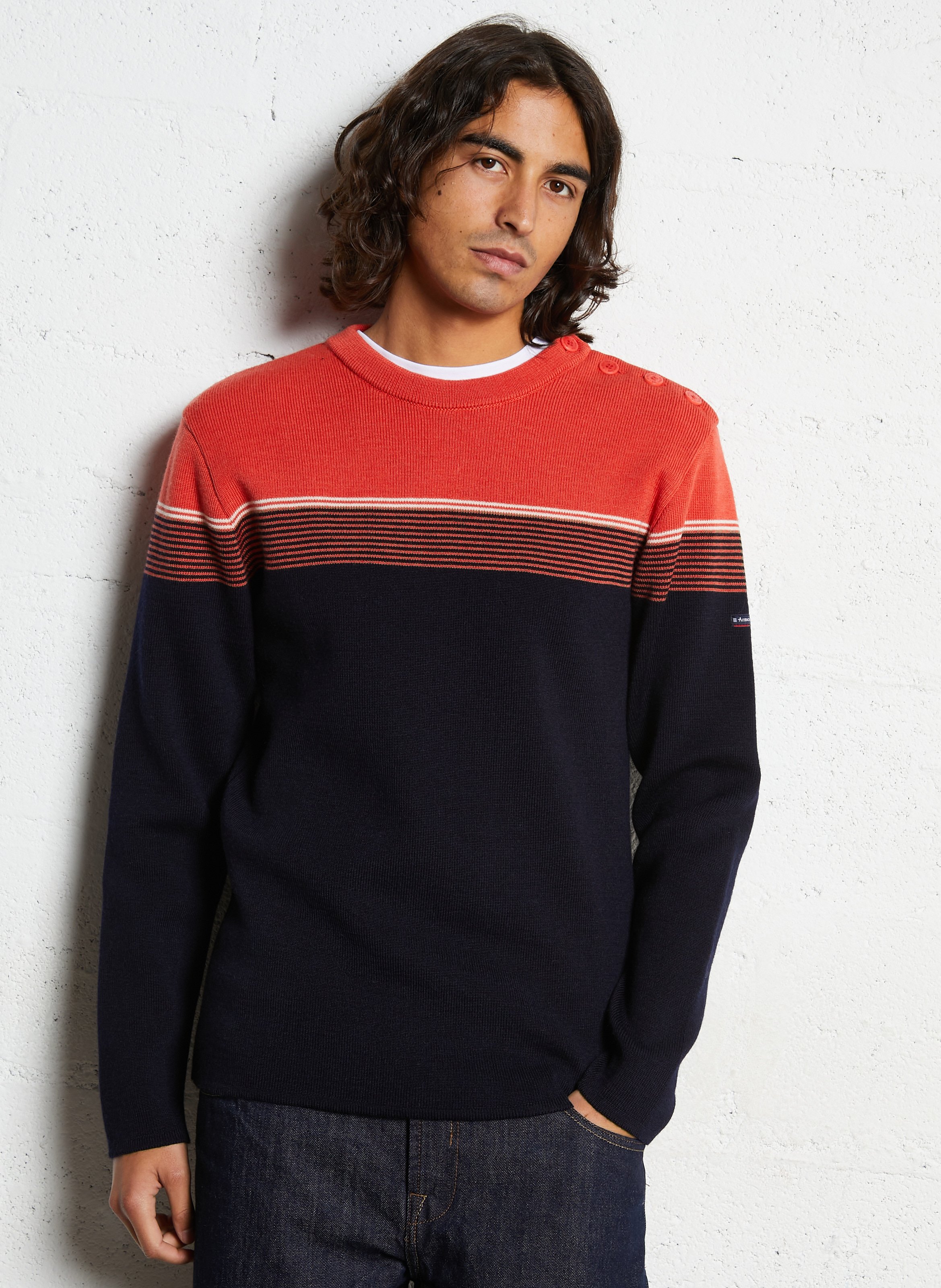 Pull droit col rond rayé en laine ARMOR LUX Bleu