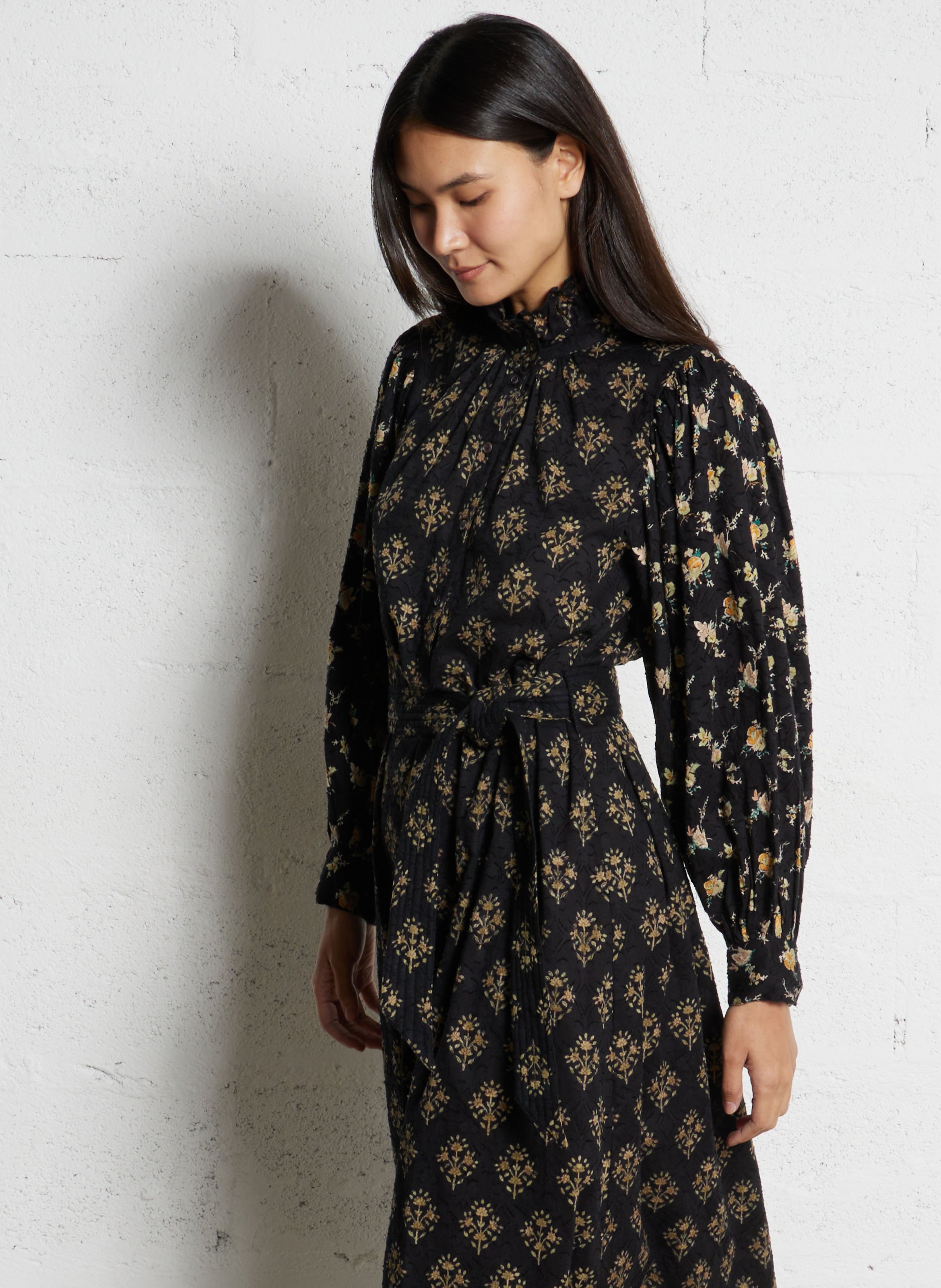 Midi dress with high neck in printed cotton ANTIK BATIK Black