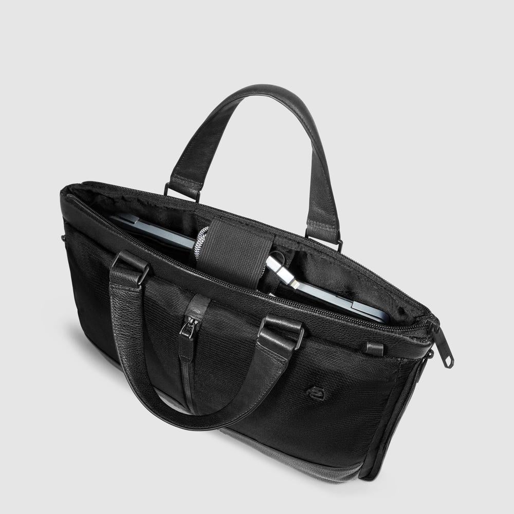 Computer bag in recycled fabric and leather with compartment for iPad® and RFID anti-fraud feature PIQUADRO Black