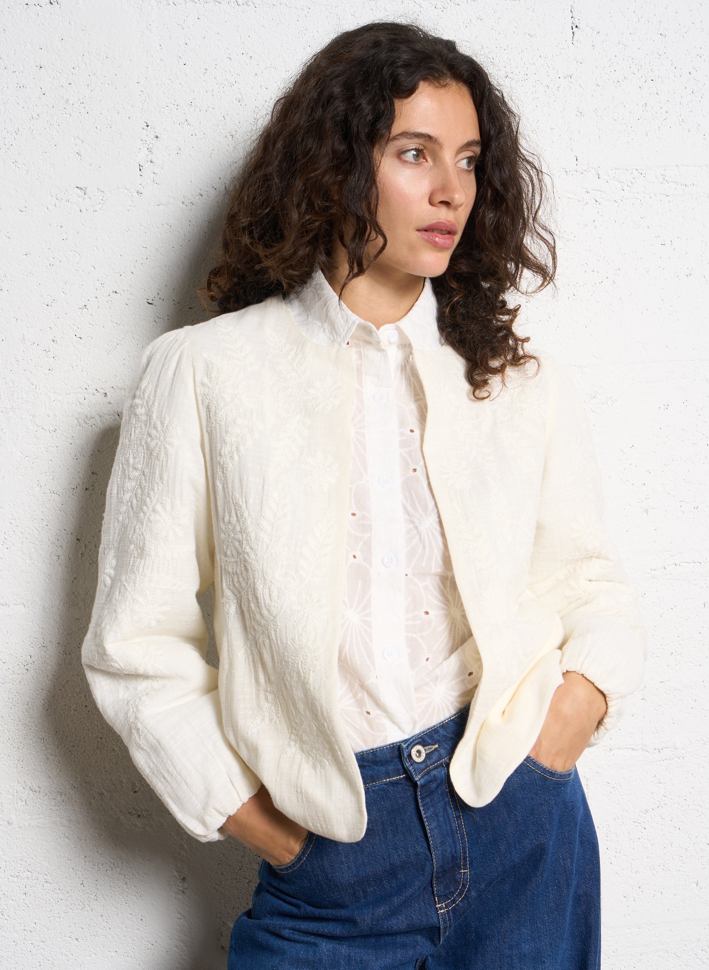 Veste droite en coton brodé MAISON 123 Beige