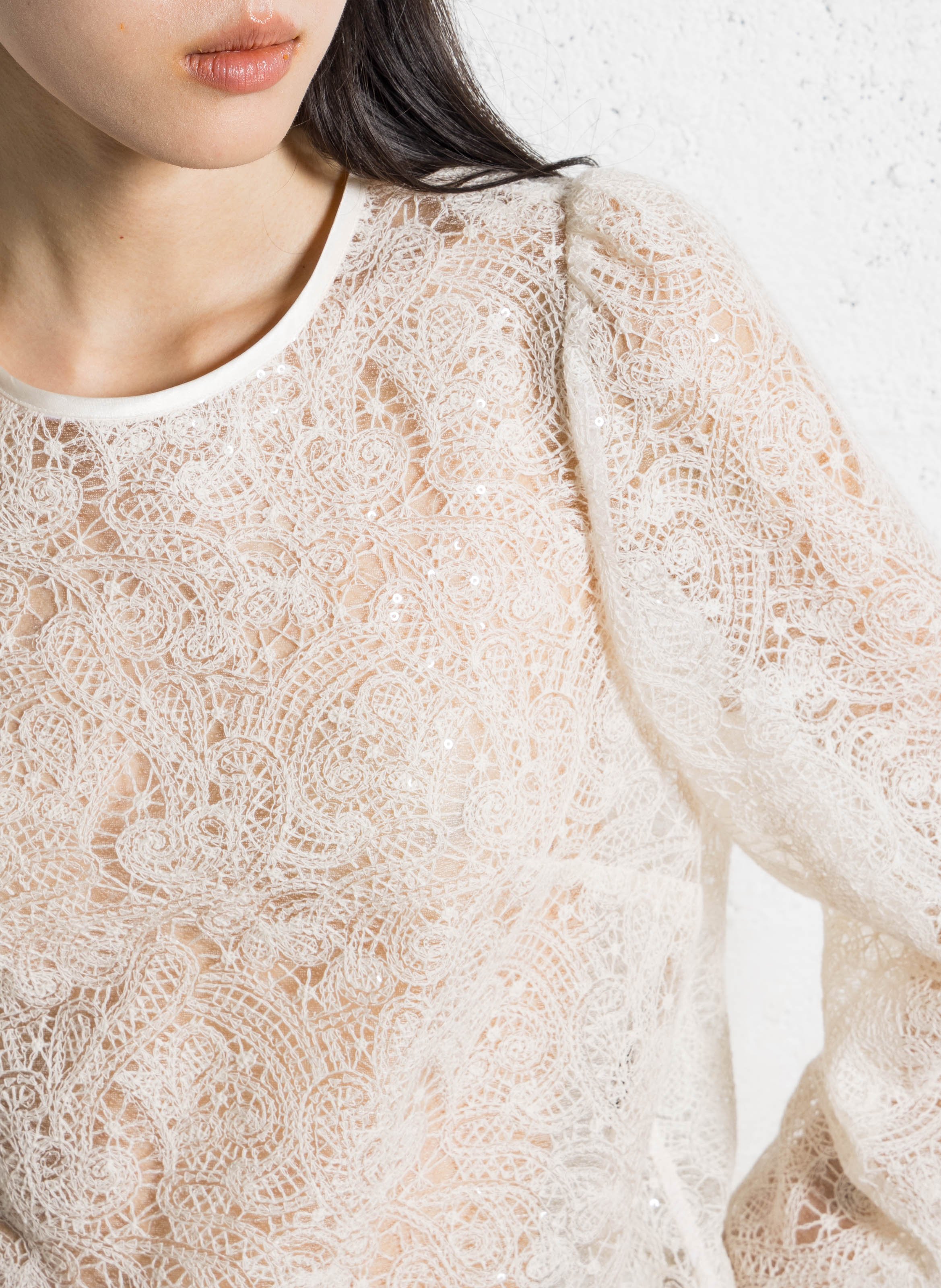 Straight round-neck lace top IKKS White