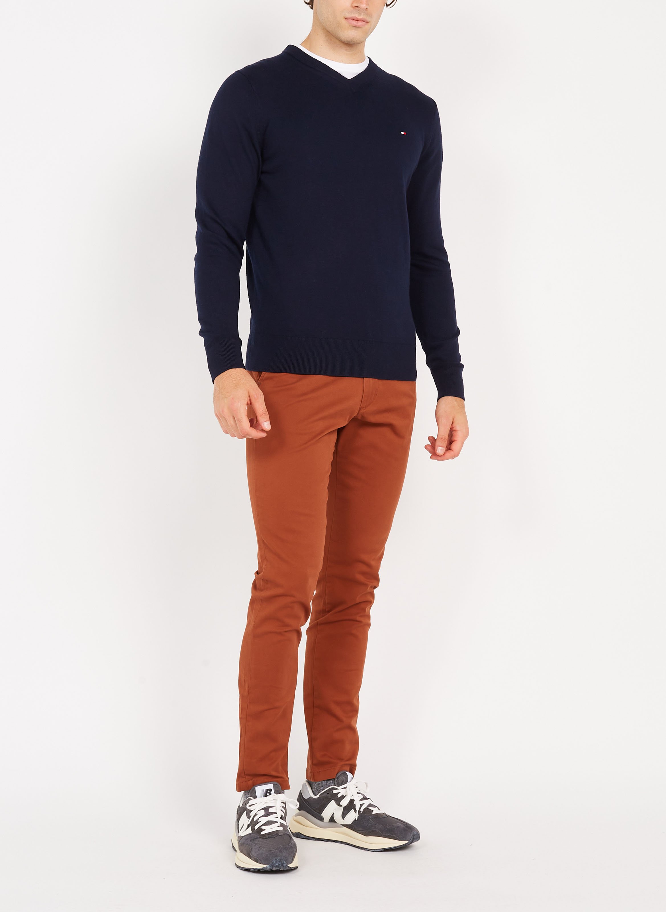 Pull col V regular-fit en coton bio mélangé  TOMMY HILFIGER Bleu
