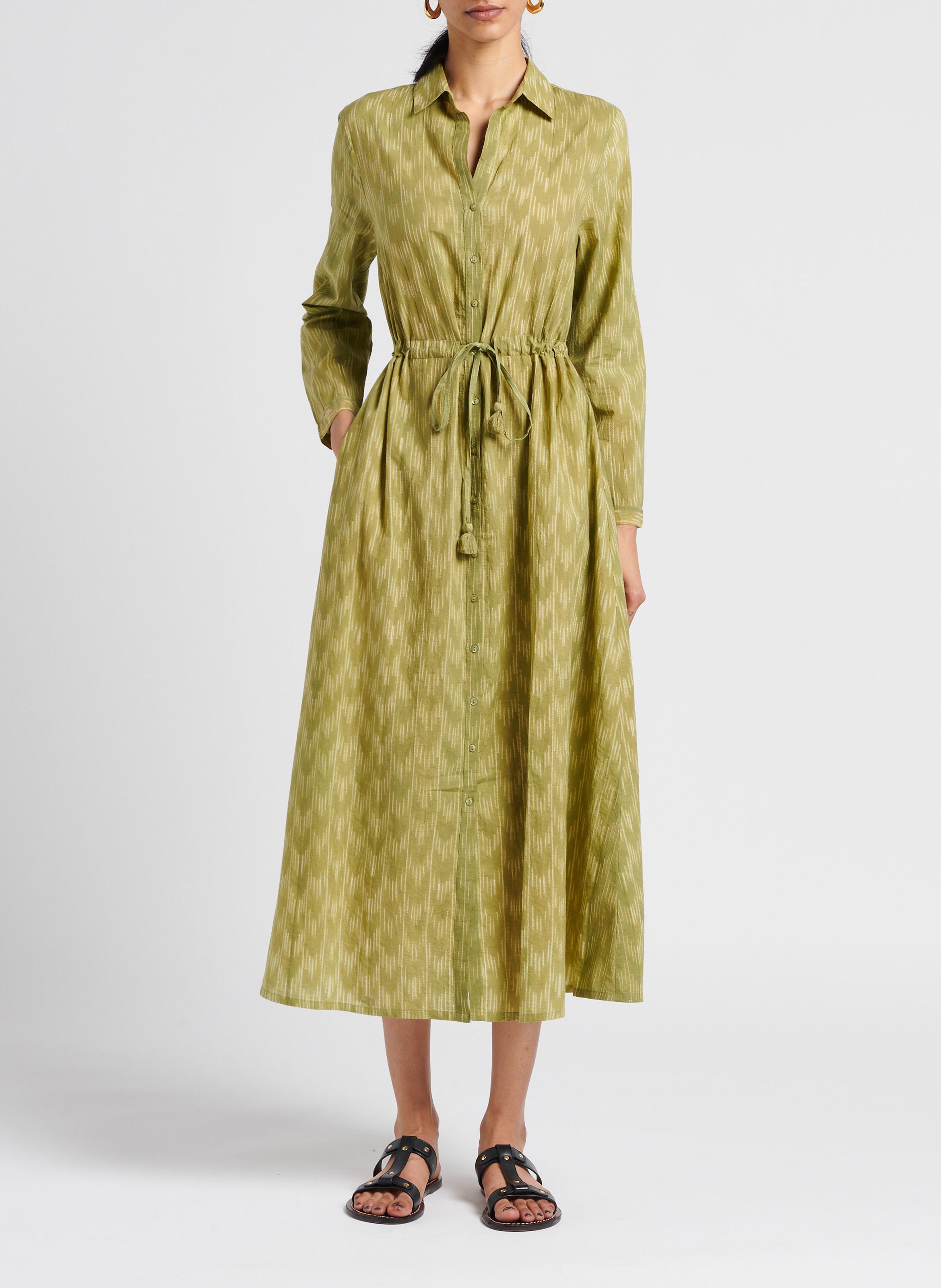 Robe midi col V en coton imprimé MAISON HOTEL Kaki