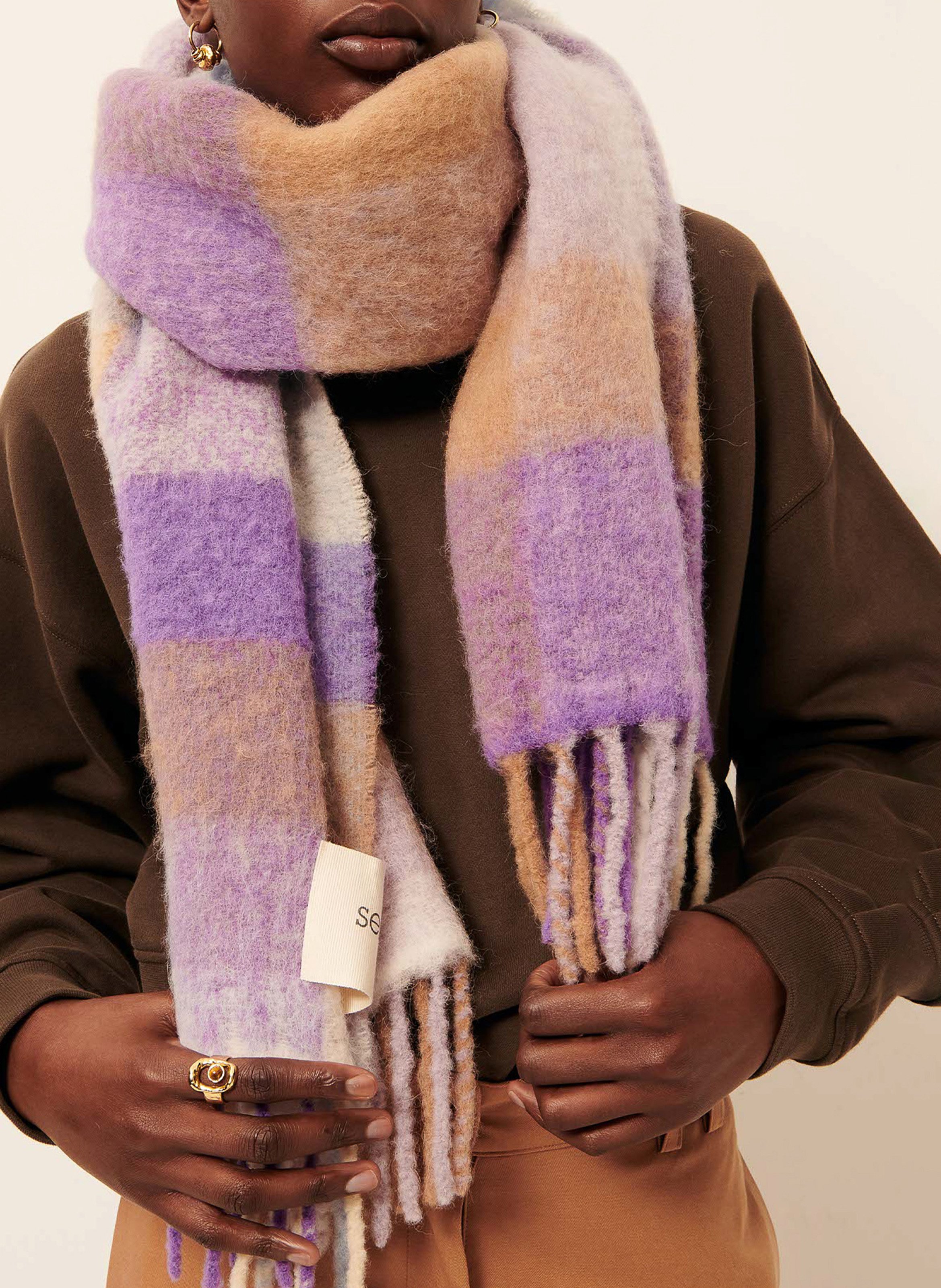 Fringed checkered wool blend scarf SESSUN