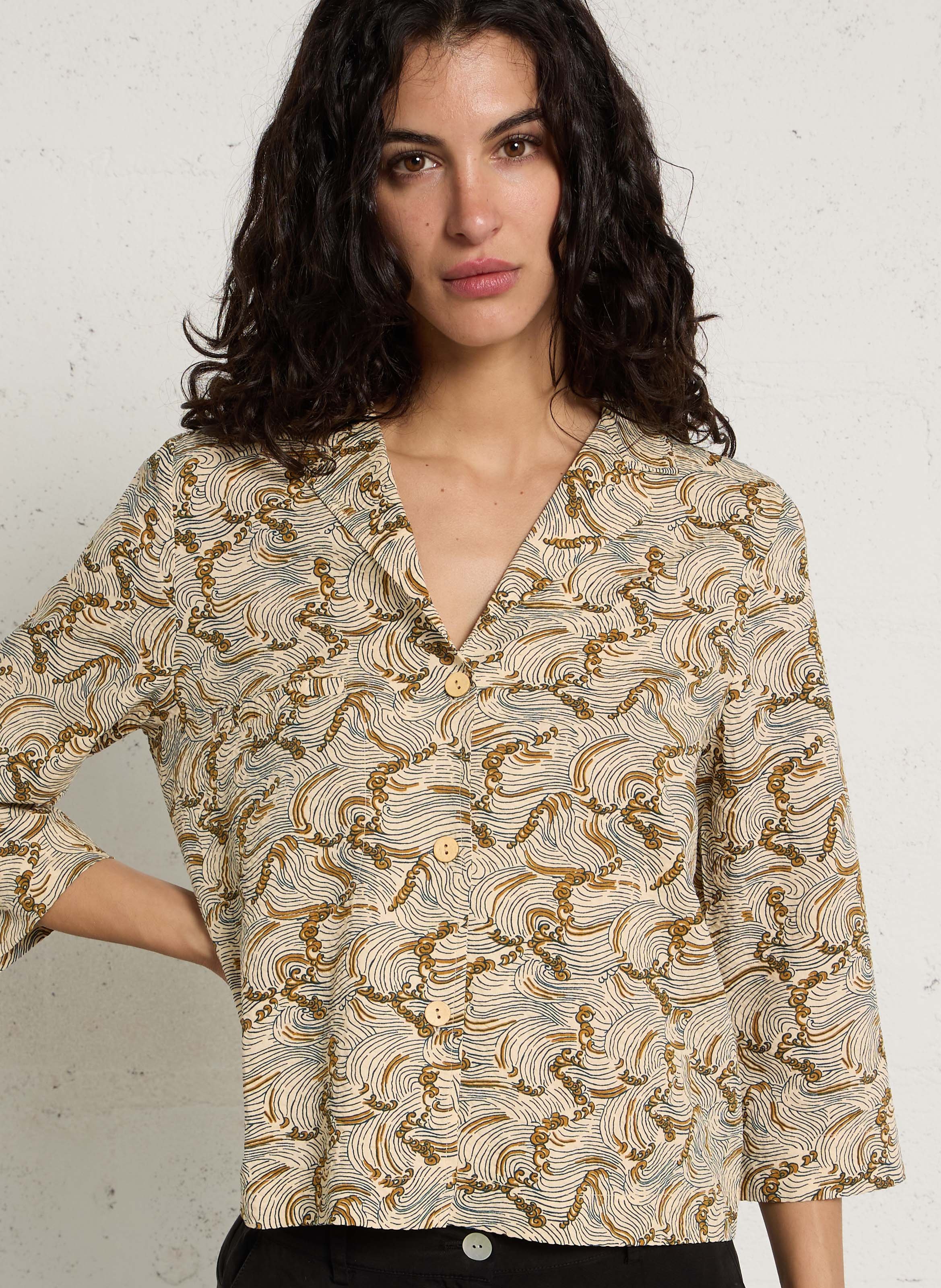 Chemise droite col tailleur imprimée en coton mélangé NICE THINGS Beige