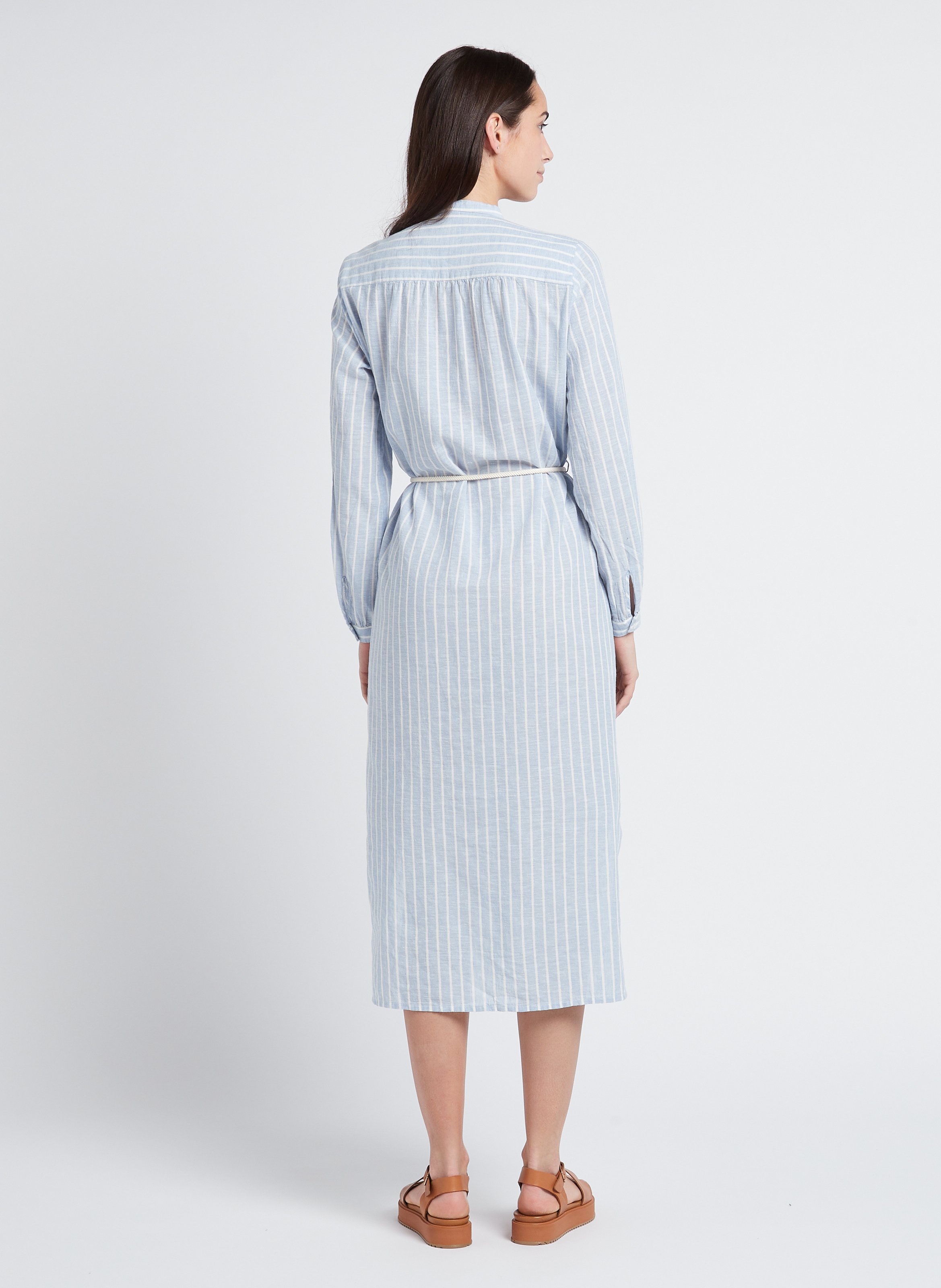 Long buttoned striped cotton and linen dress HARTFORD Blue