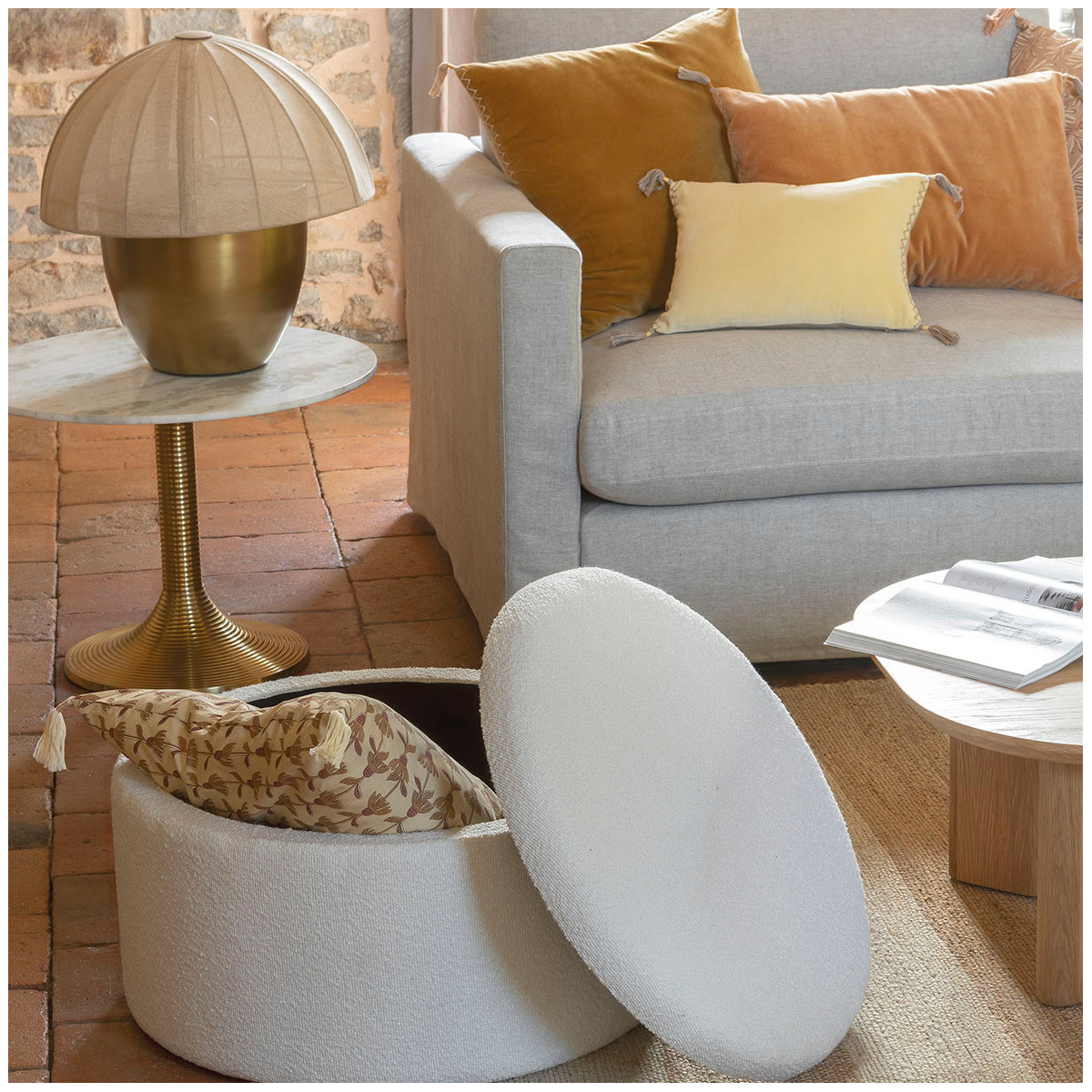 Héloïse golden metal lamp - cream fabric lampshade - large size - ø 48 x 50 cm BLANC D'IVOIRE White