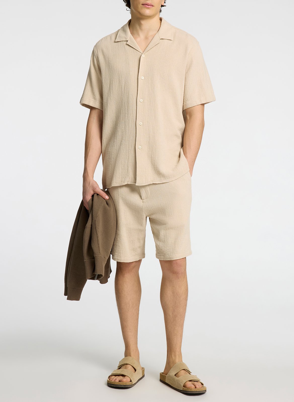 Straight-leg organic cotton striped shorts SELECTED Beige