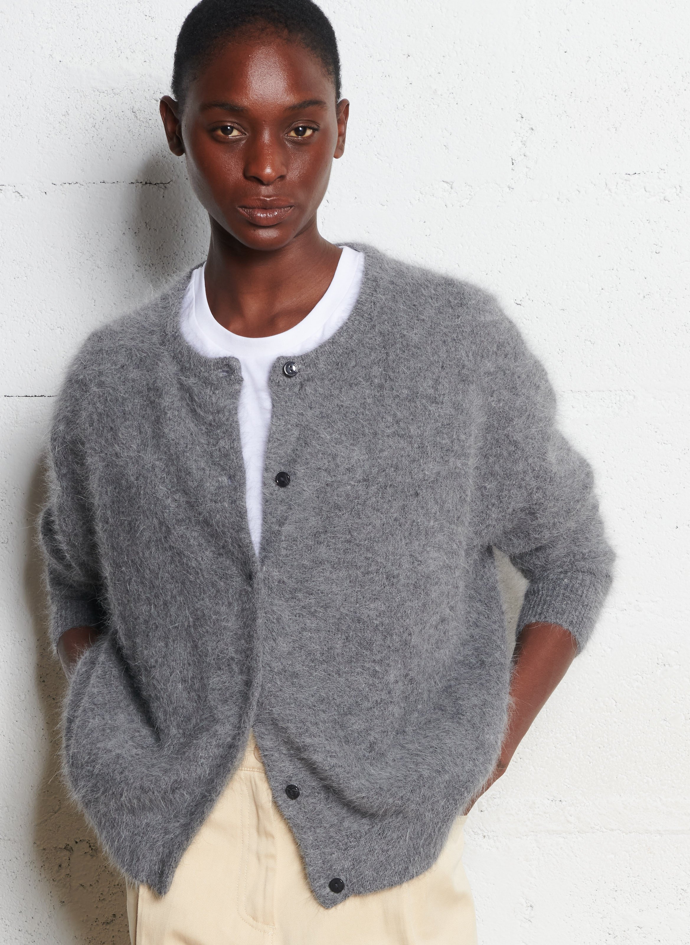Round-neck mixed-knit cardigan BELLEROSE Grey