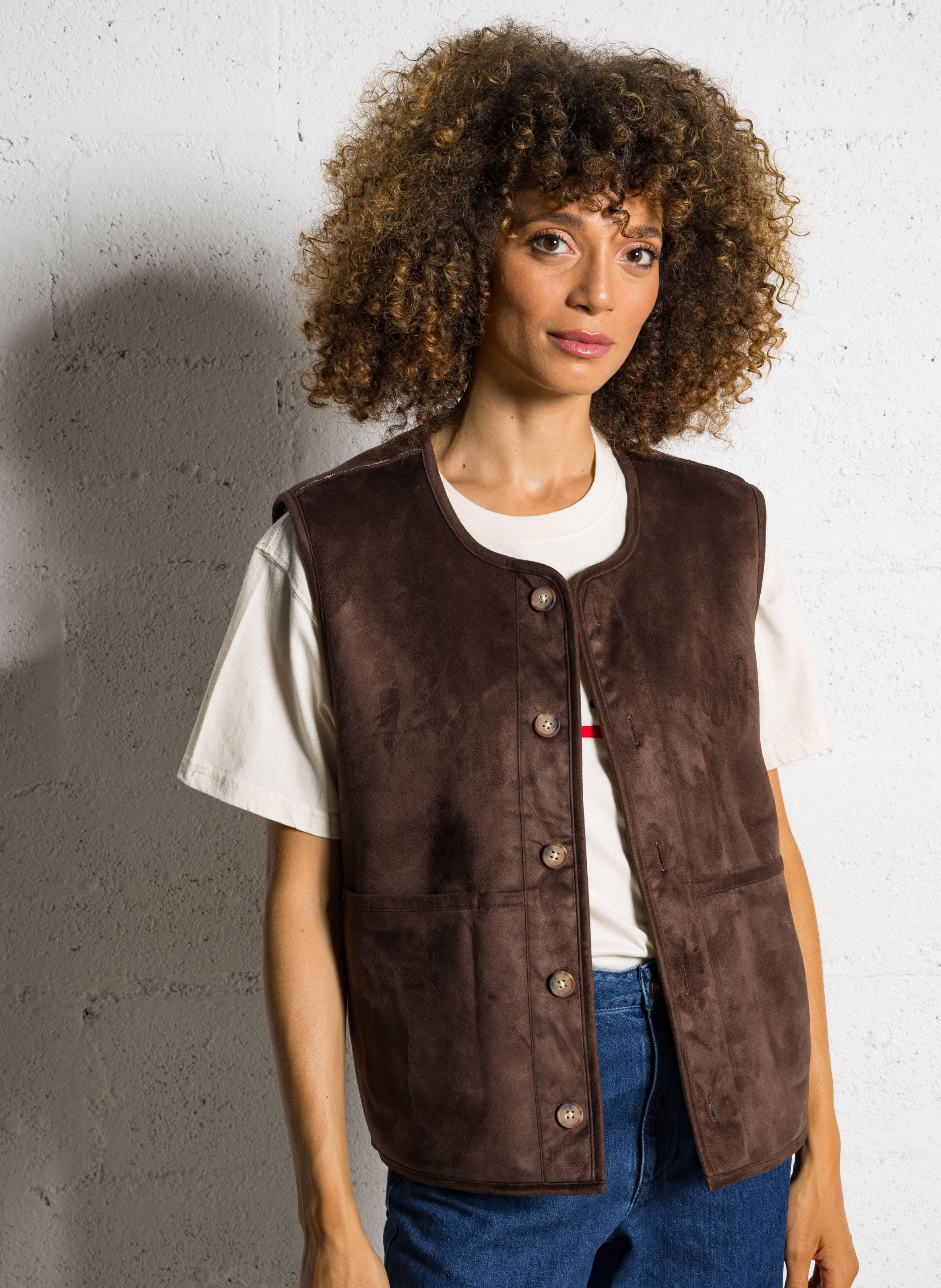 Rechte ronde hals fleece vest LAB DIP Bruin