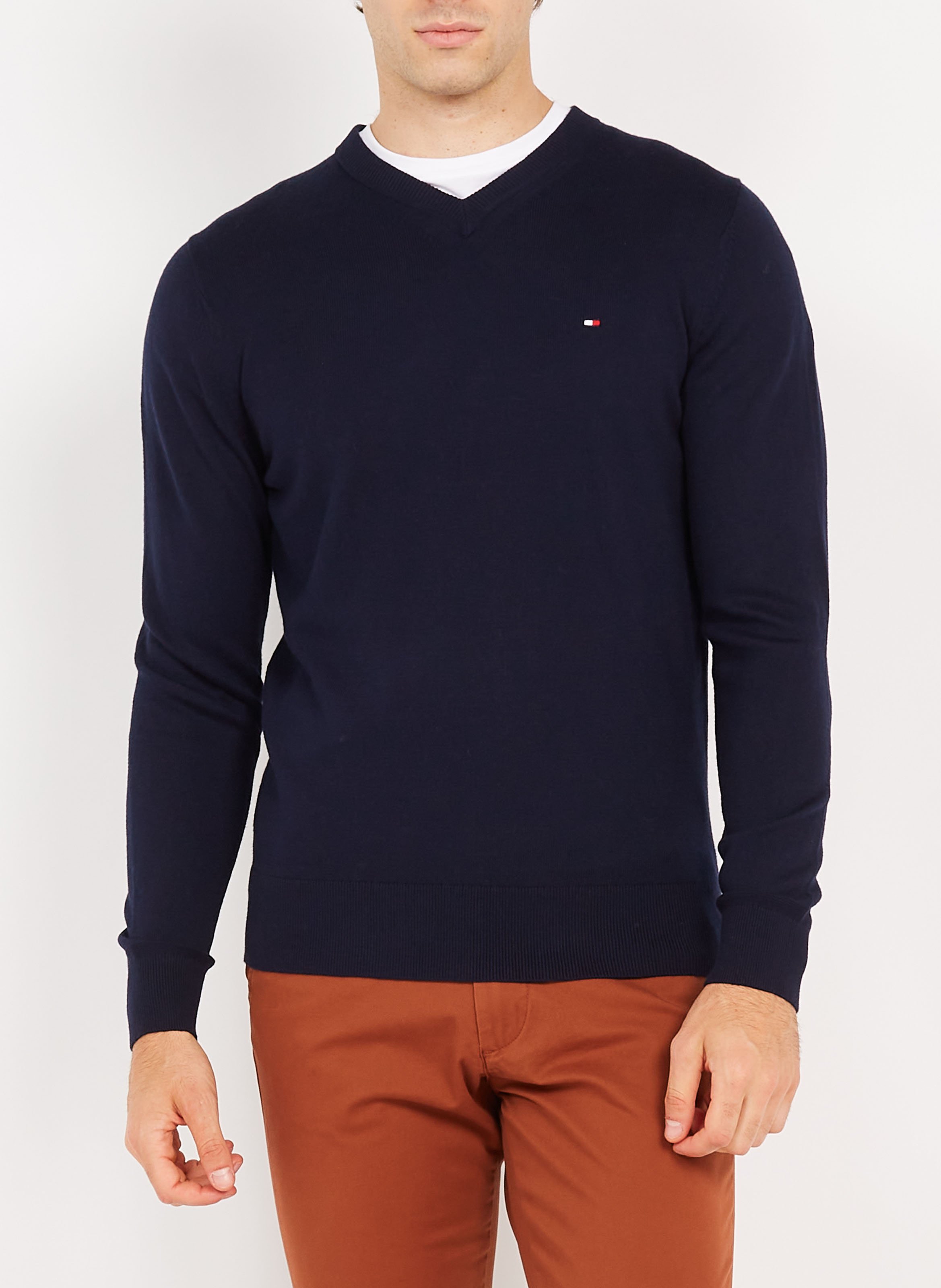 Pull col V regular-fit en coton bio mélangé  TOMMY HILFIGER Bleu