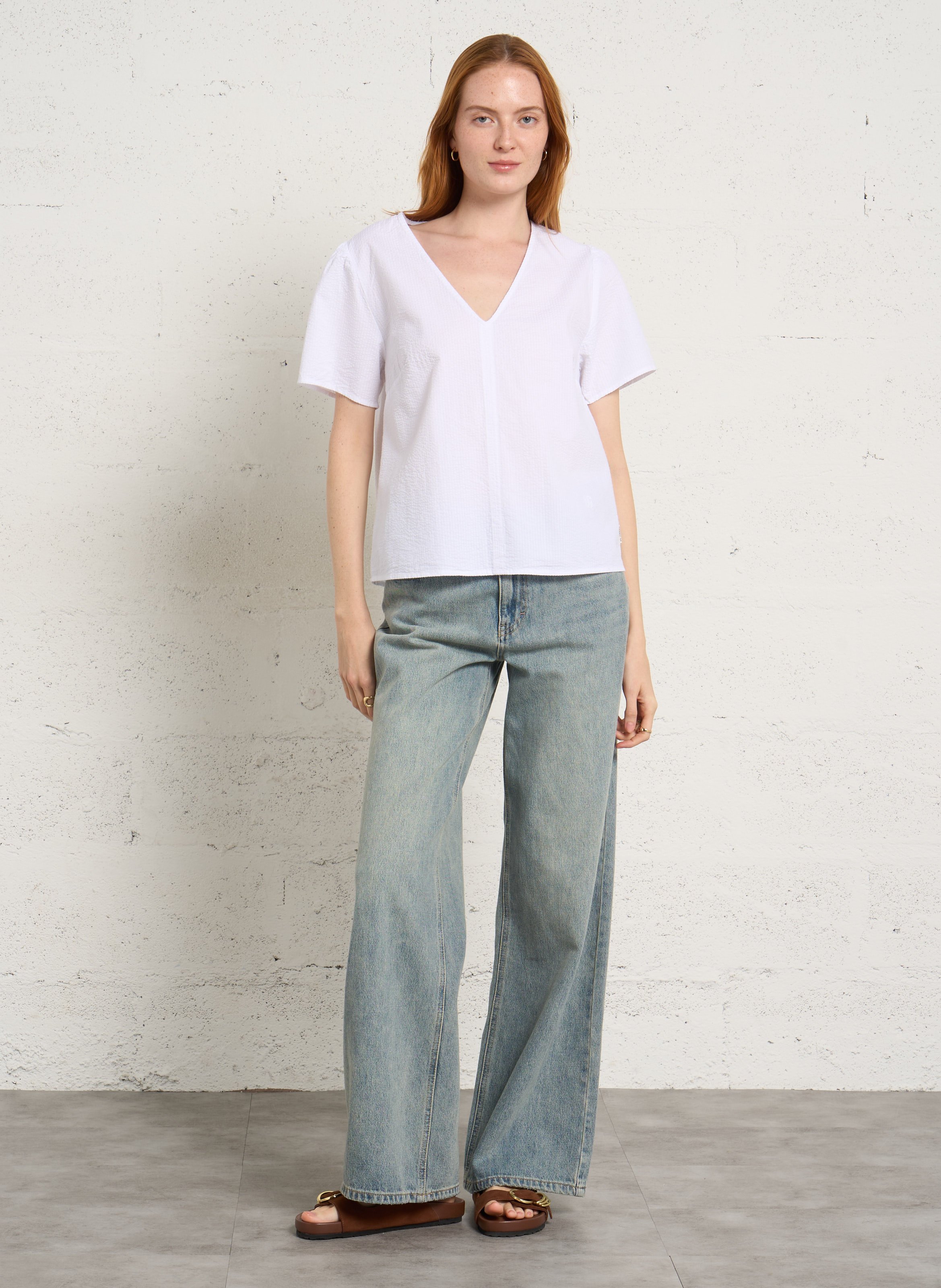 Rechte, katoenen top met V-hals LE TEMPS DES CERISES Wit