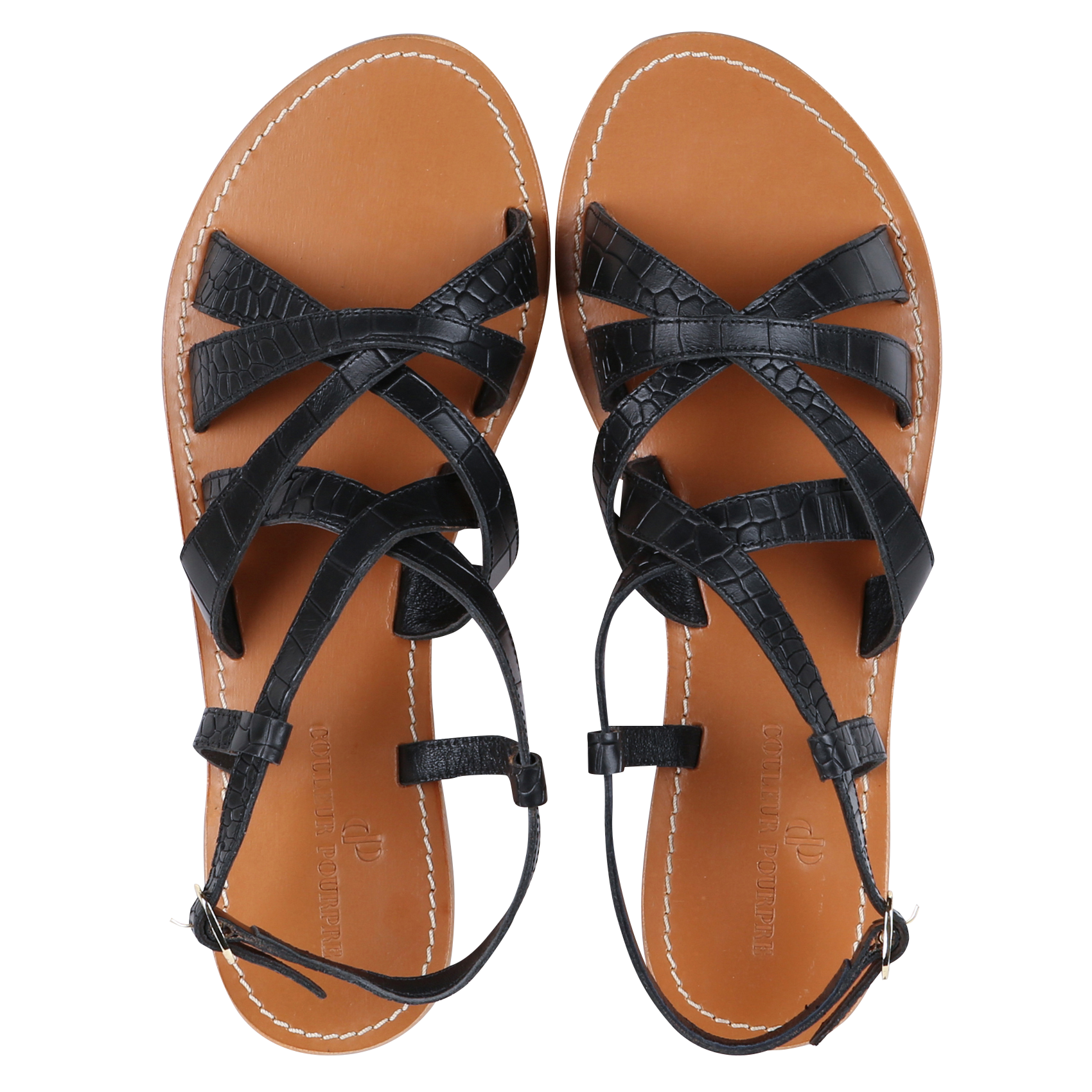 Sandales plates aspect métallisé en cuir COULEUR POURPRE Noir