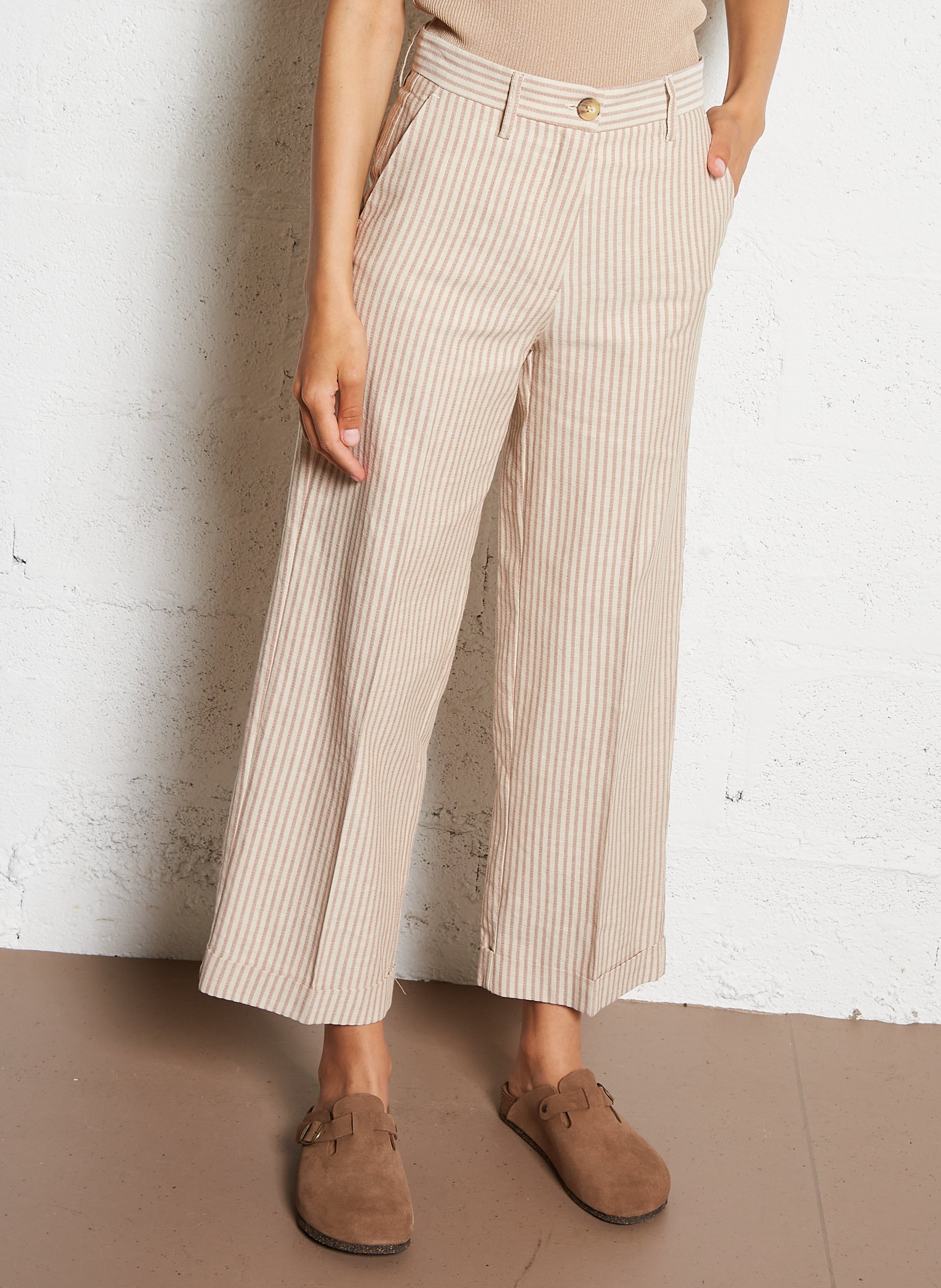 Pantalon rayé en coton et cachemire MOMONI Beige