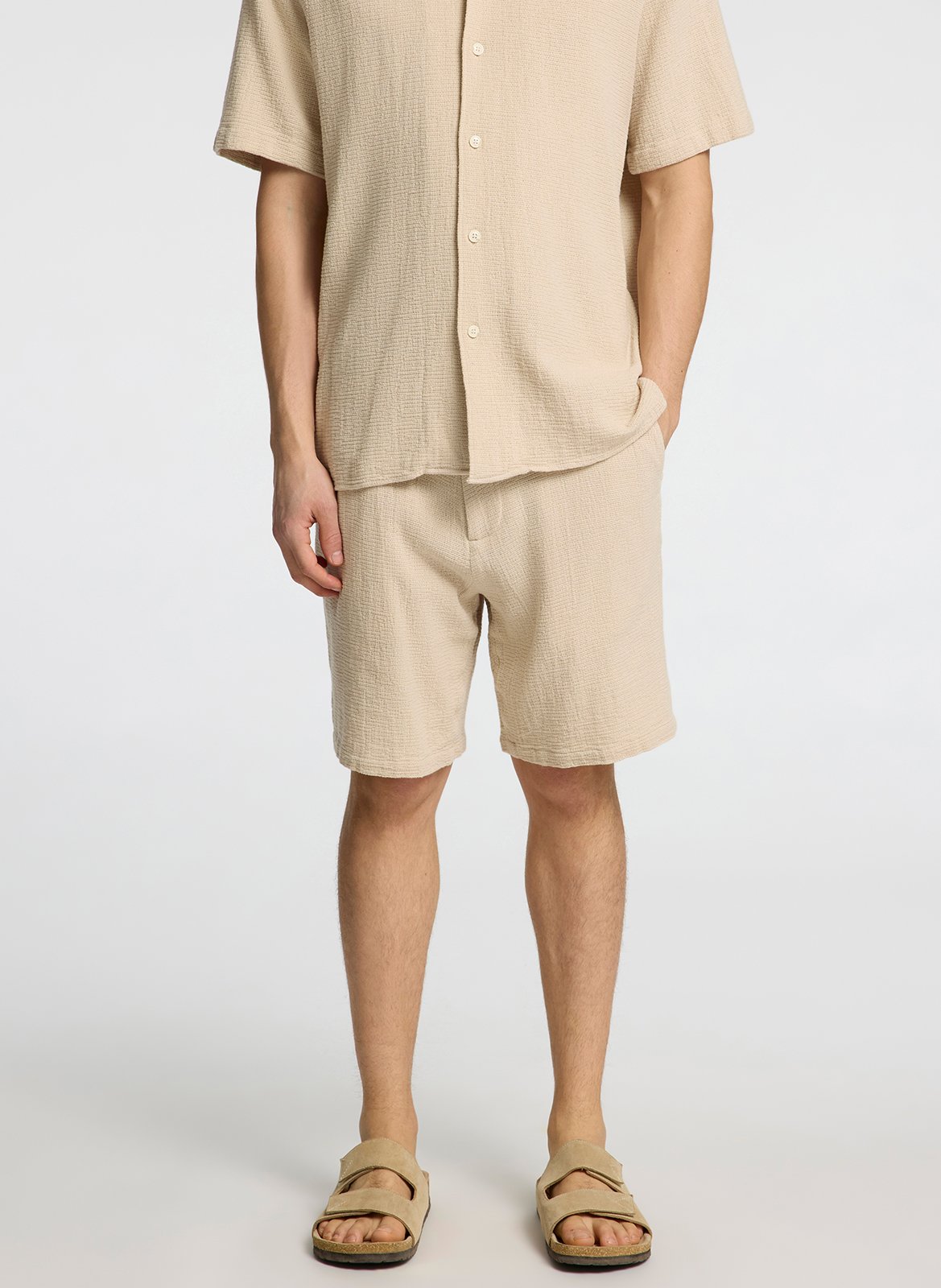 Straight-leg organic cotton striped shorts SELECTED Beige