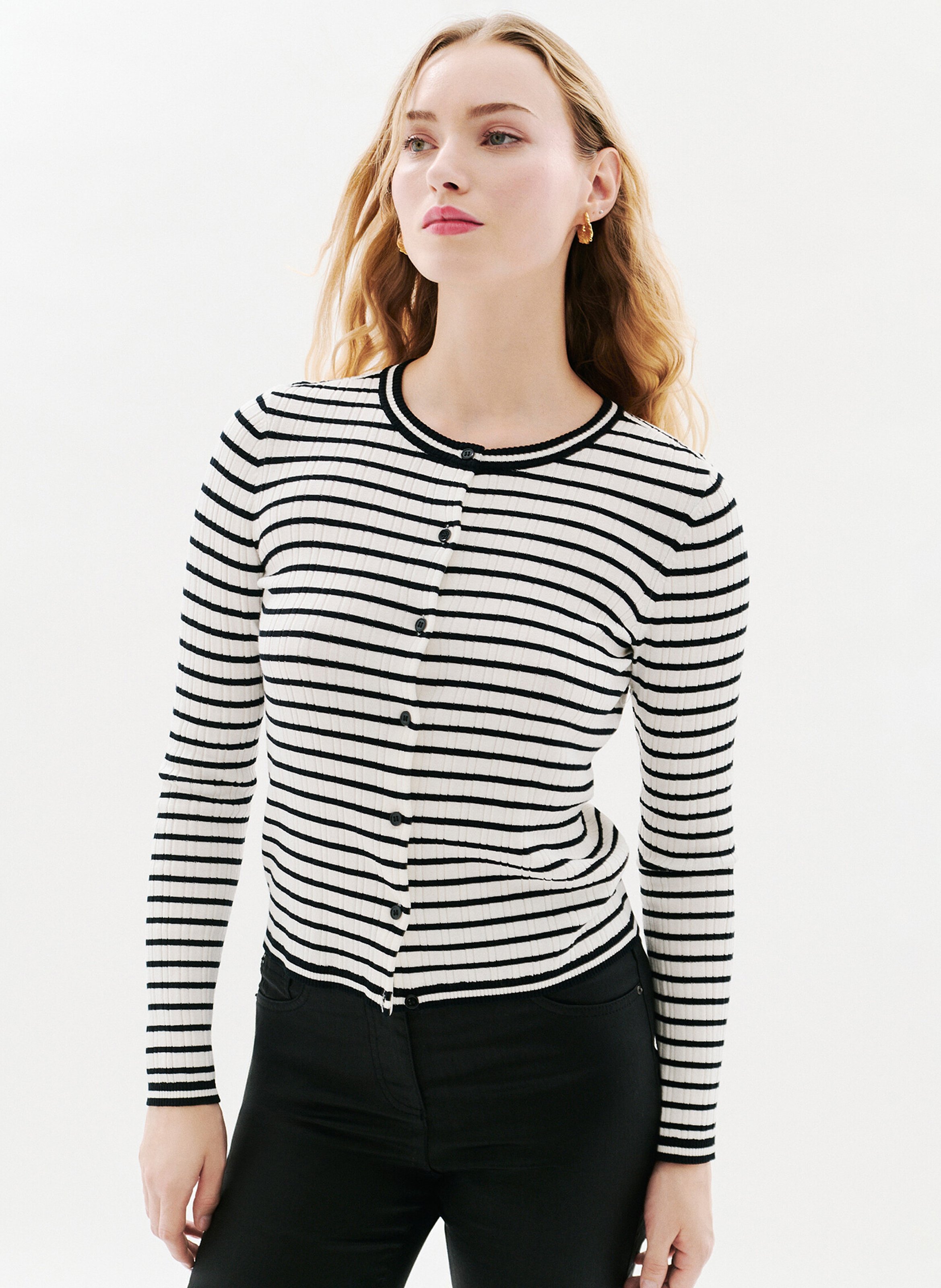 Cardigan droit col rond rayé CAROLL Noir