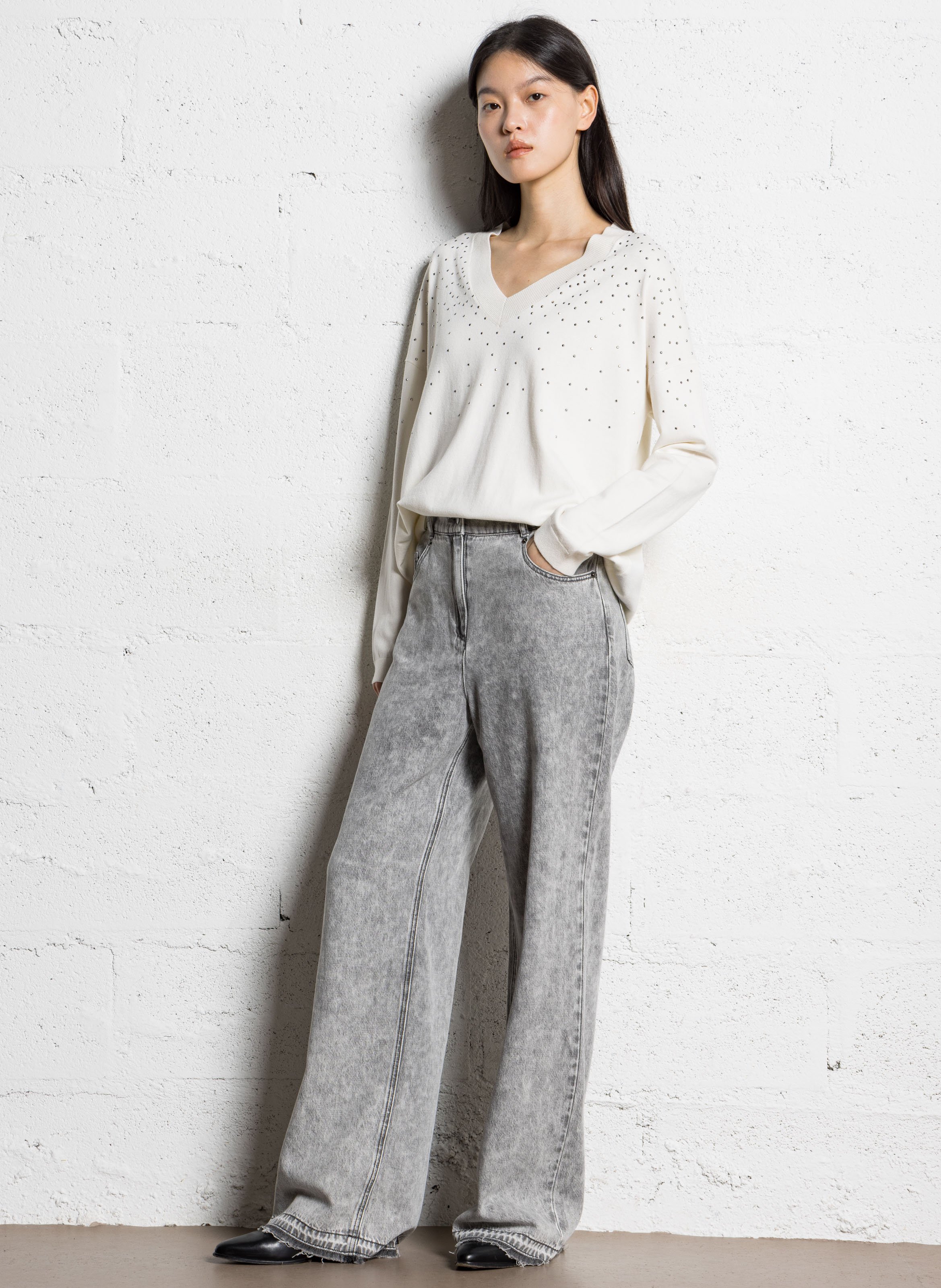 Oversized V-Ausschnitt-Pullover mit Strasssteinen IKKS Weiss