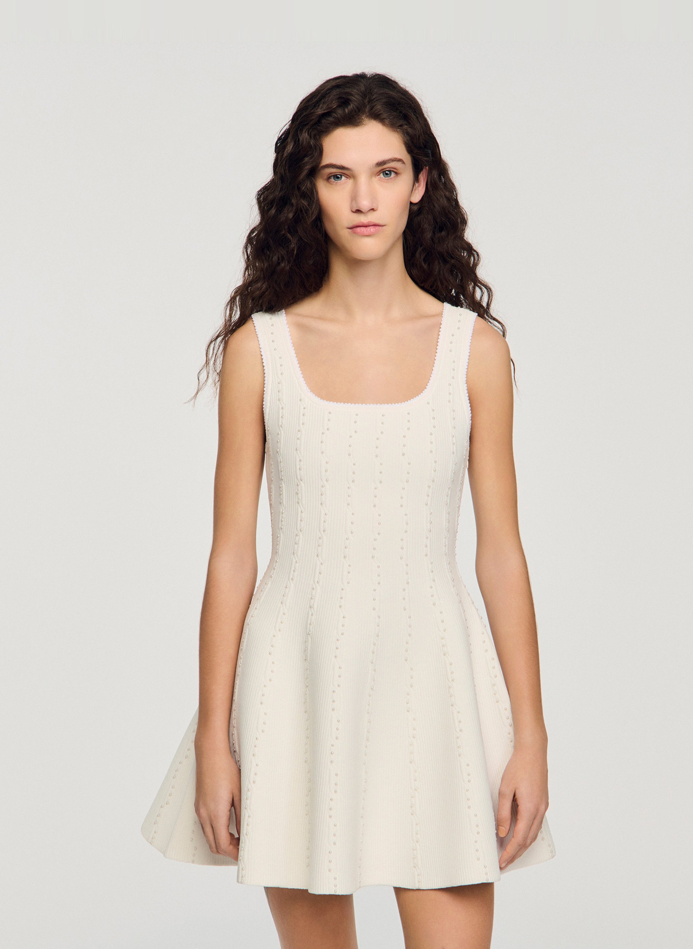 Embroidered short knitted dress SANDRO White