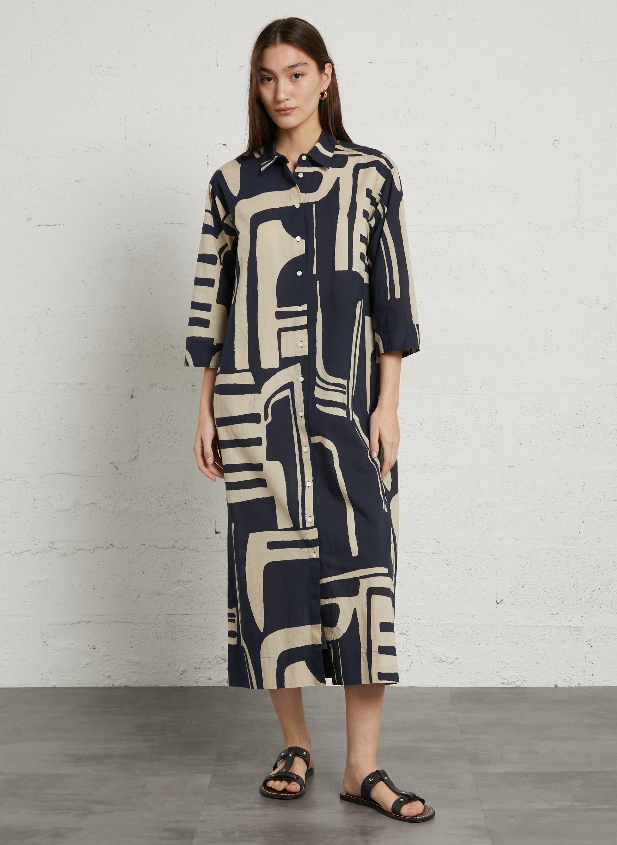 Lange jurk met klassieke kraag in bedrukte katoen HARTFORD Veelkleurig