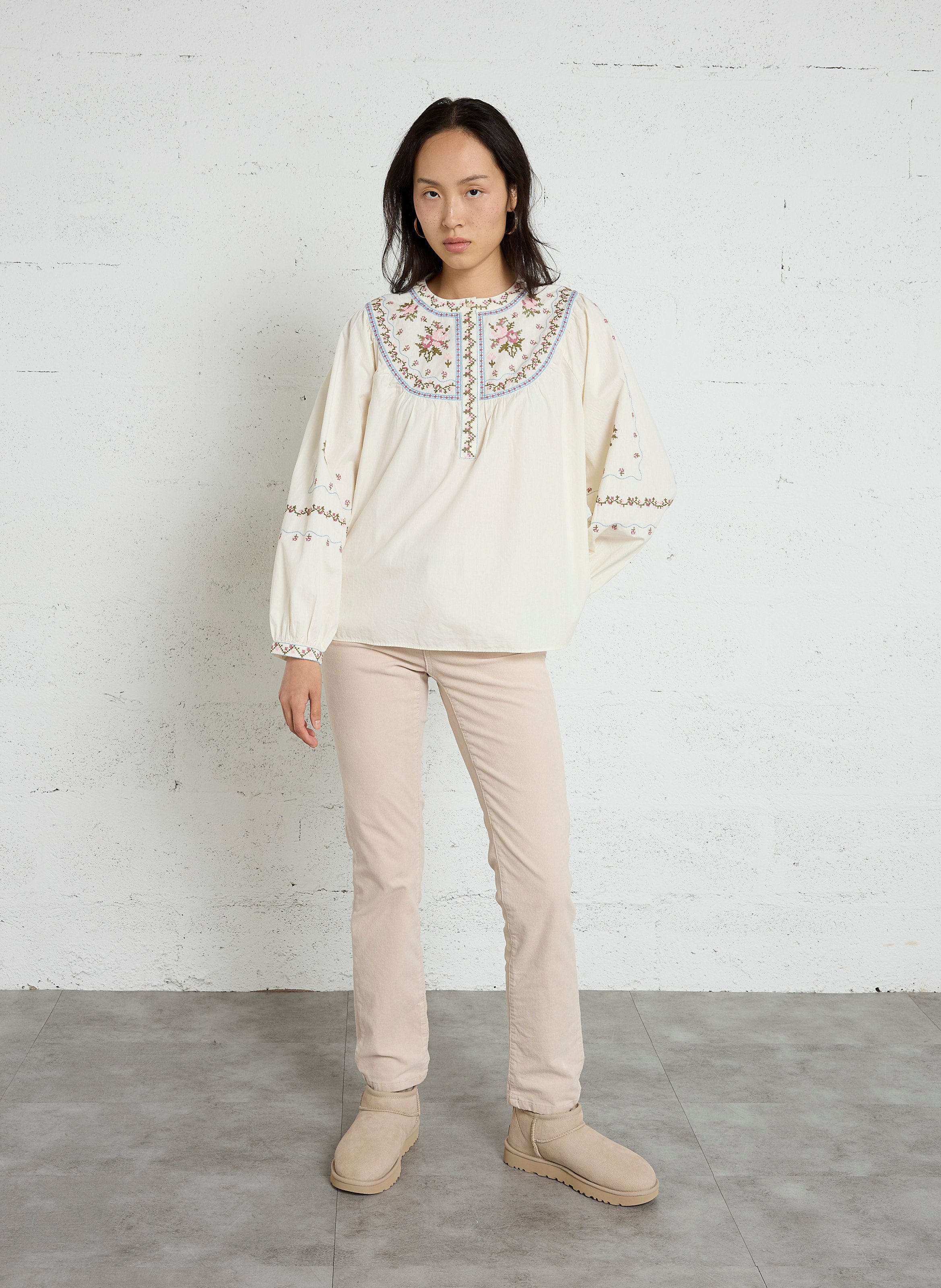 Chemisier ample col rond à broderie fleurie en coton SUD EXPRESS Blanc