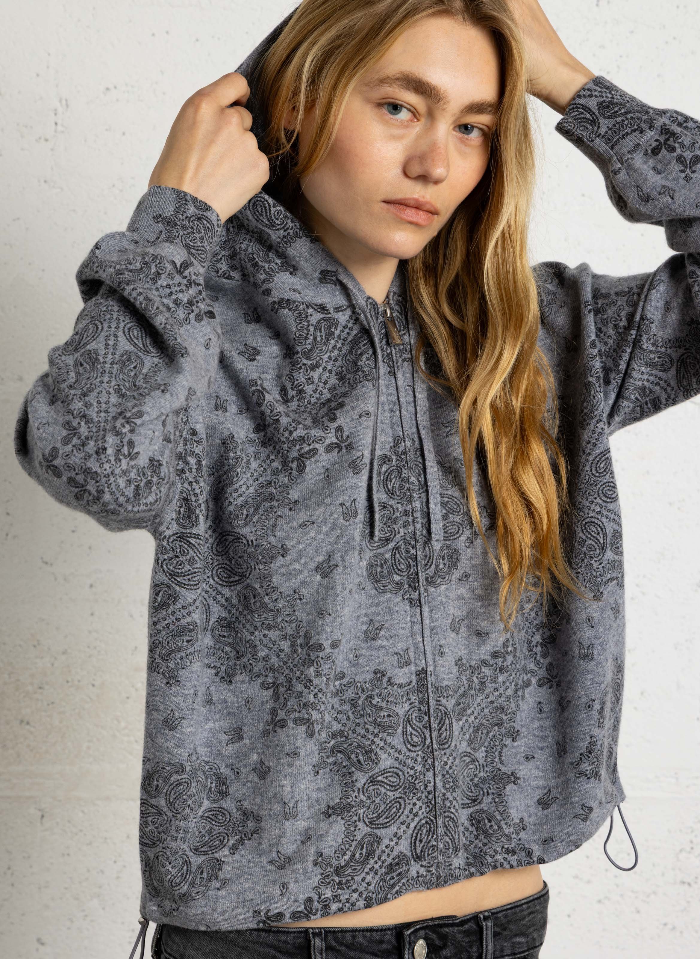 Hooded cardigan with bandana print BERENICE Grey
