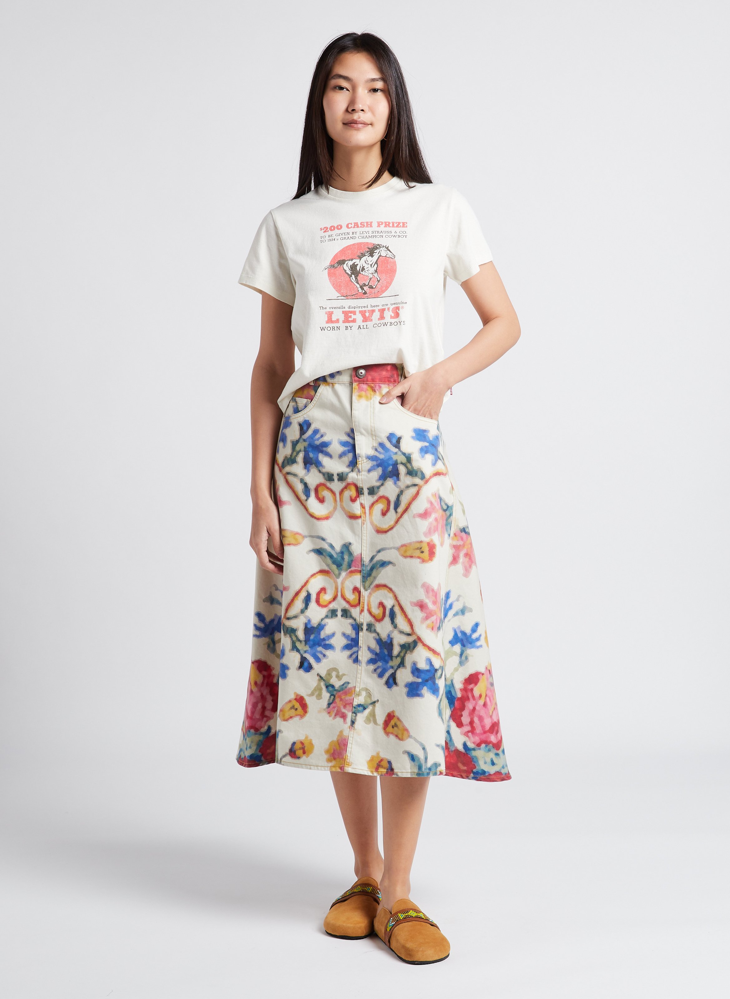 High waisted Flared Midi Skirt Flowers Mes Demoiselles Women