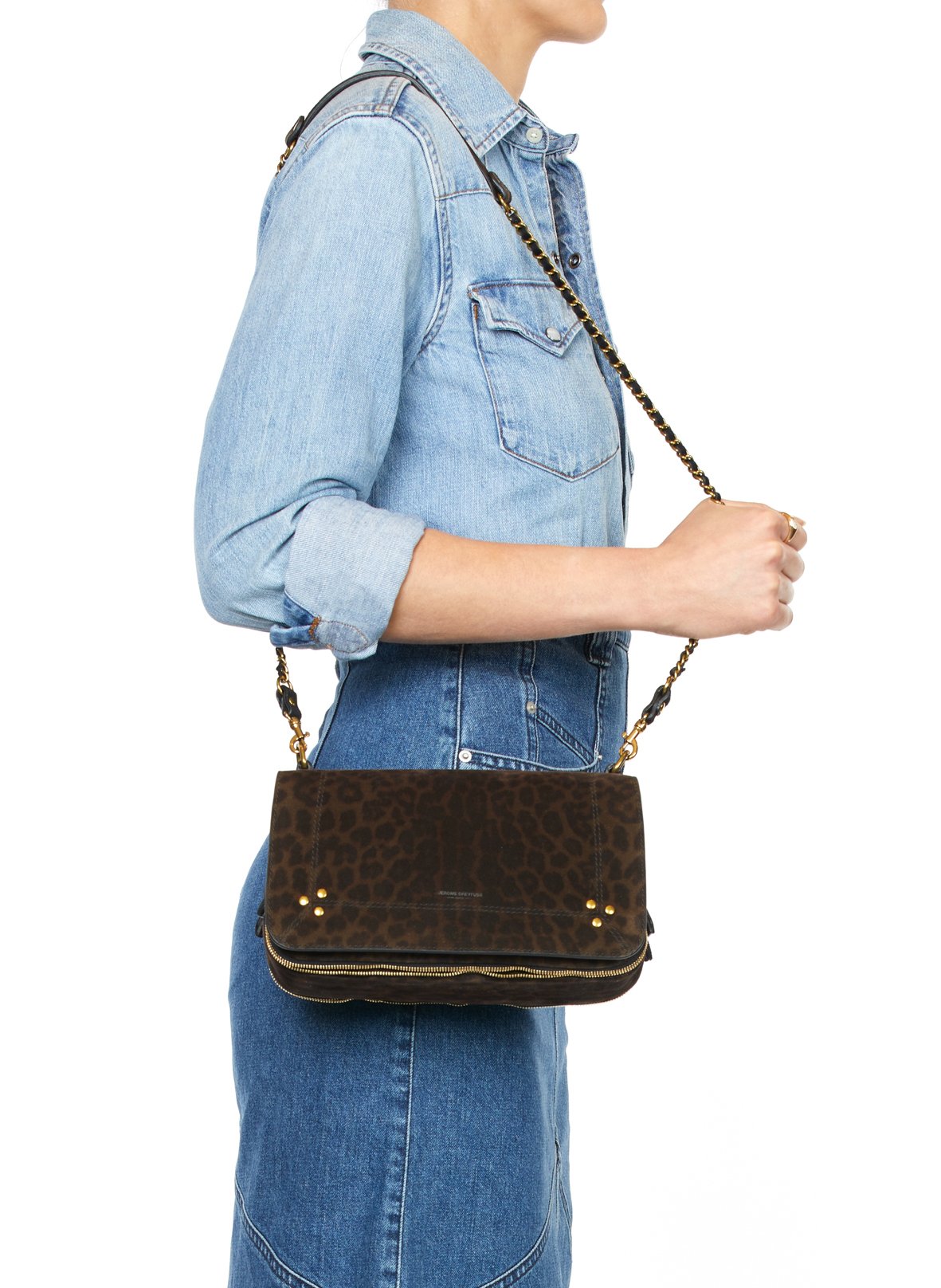 Sac bandoulière en cuir à imprimé léopard JEROME DREYFUSS Kaki