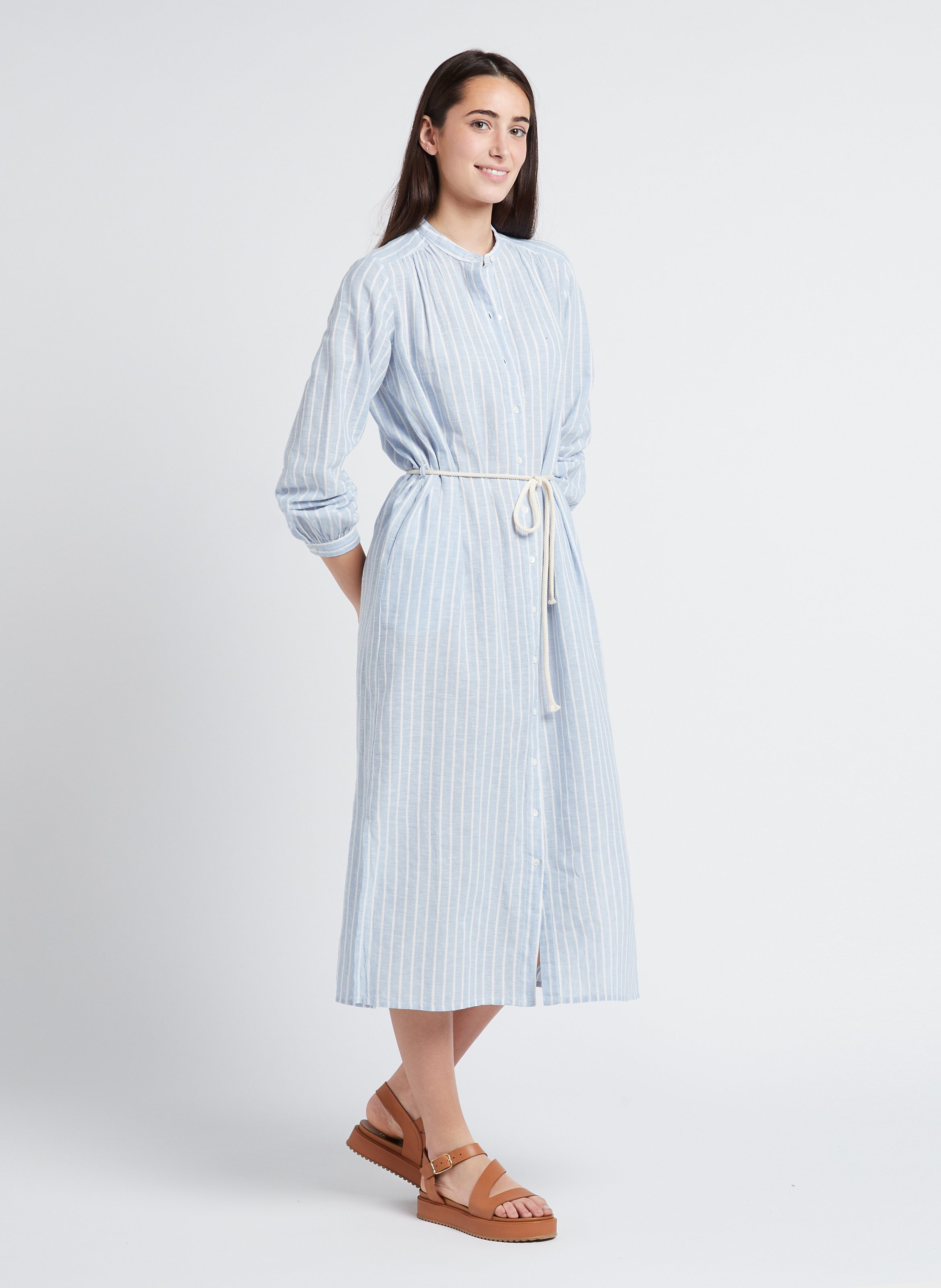 Long buttoned striped cotton and linen dress HARTFORD Blue