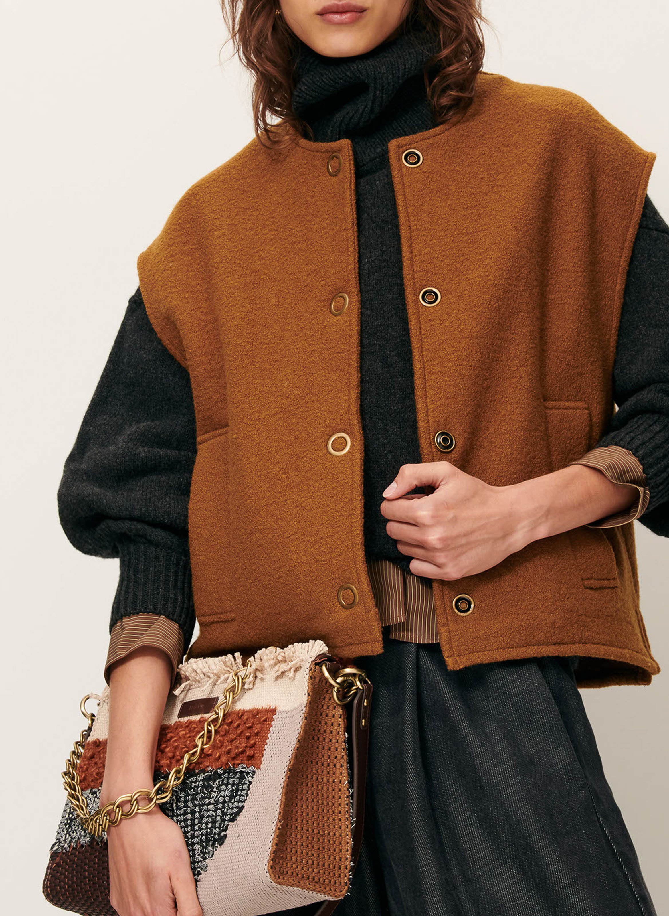 Straight round-neck wool cardigan SESSUN Brown