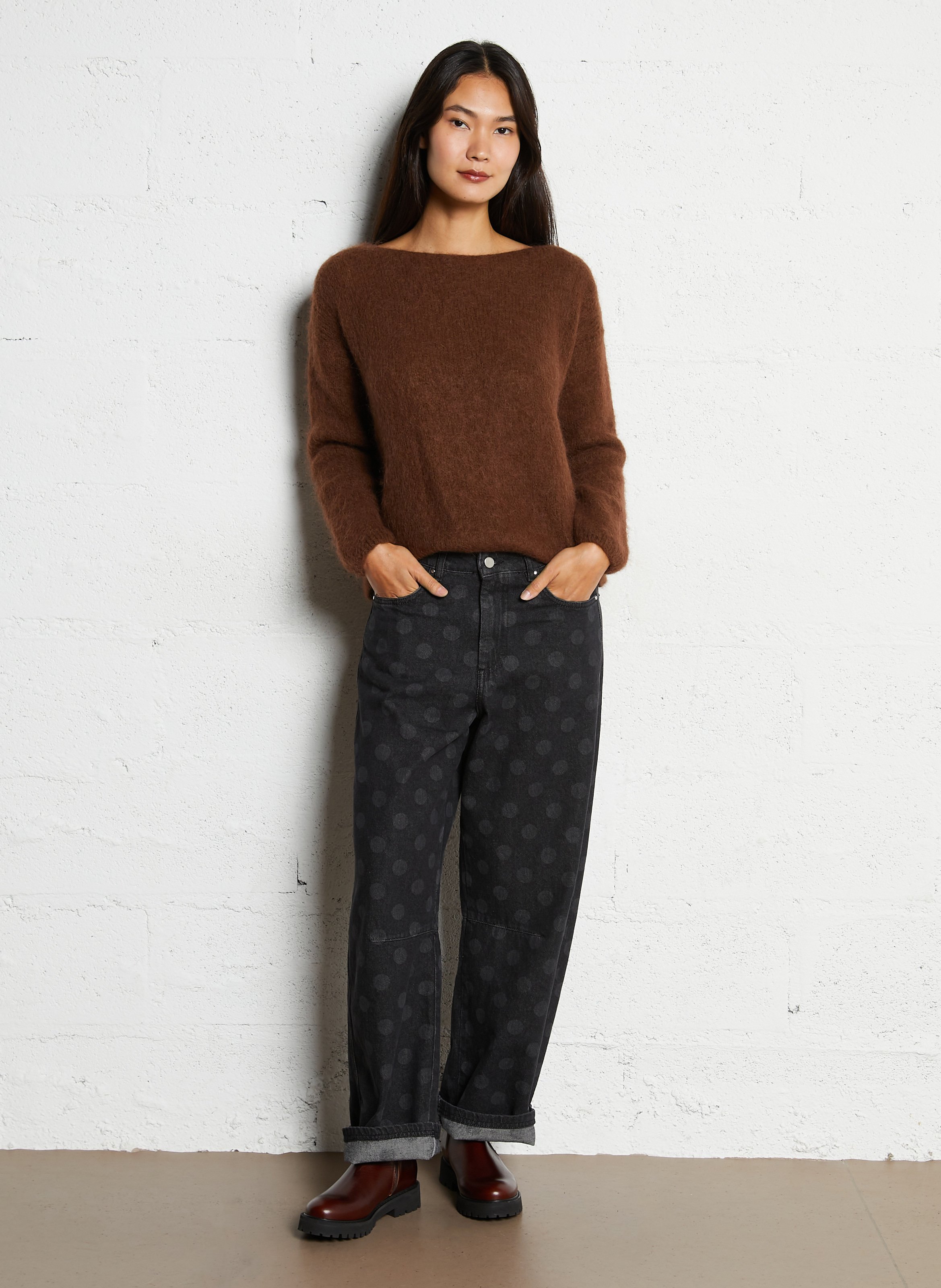 Pull ample col rond en maille mélangée PLEASE Marron