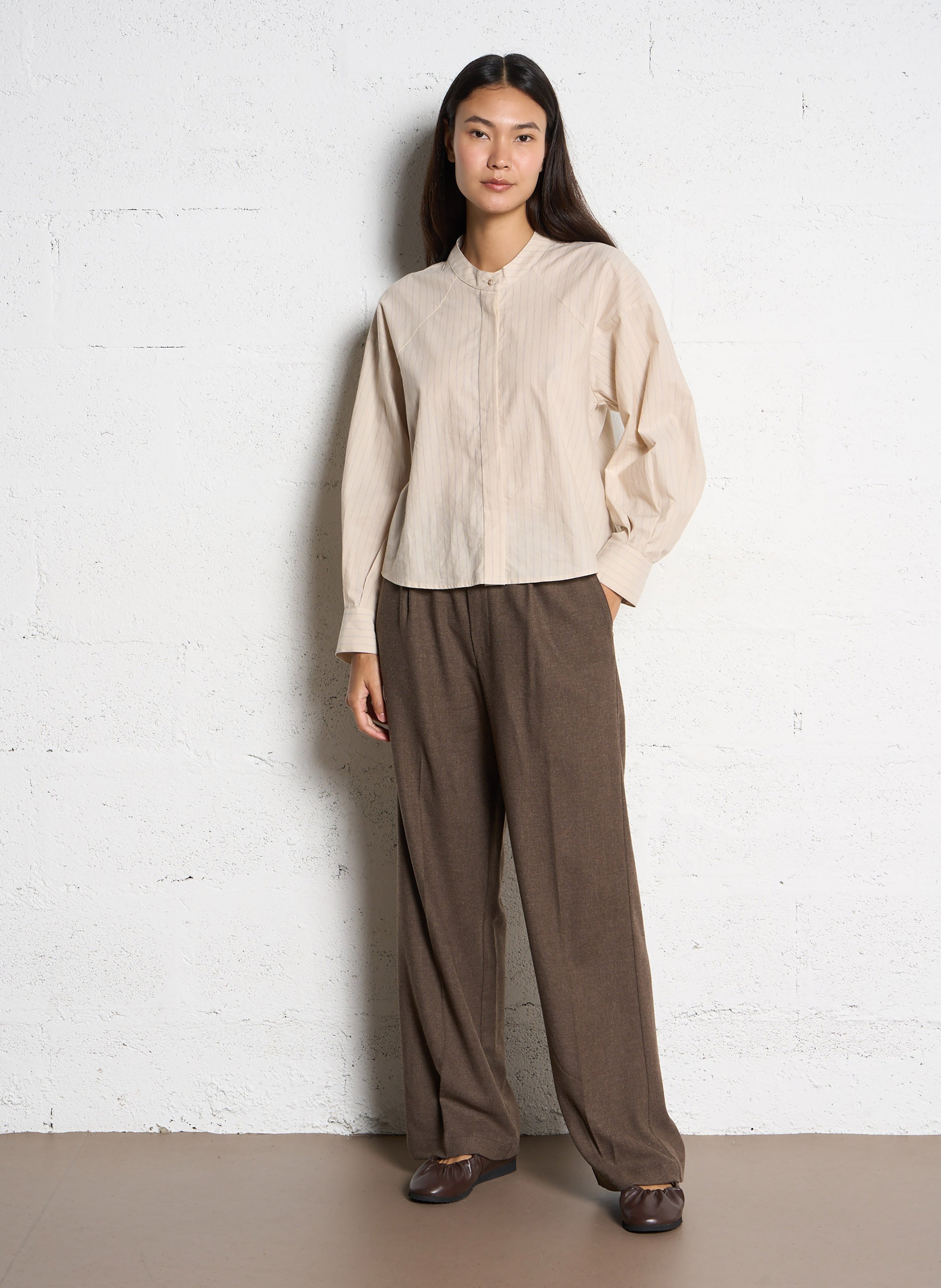 Pantalon taille haute uni à plis POMANDERE Marron