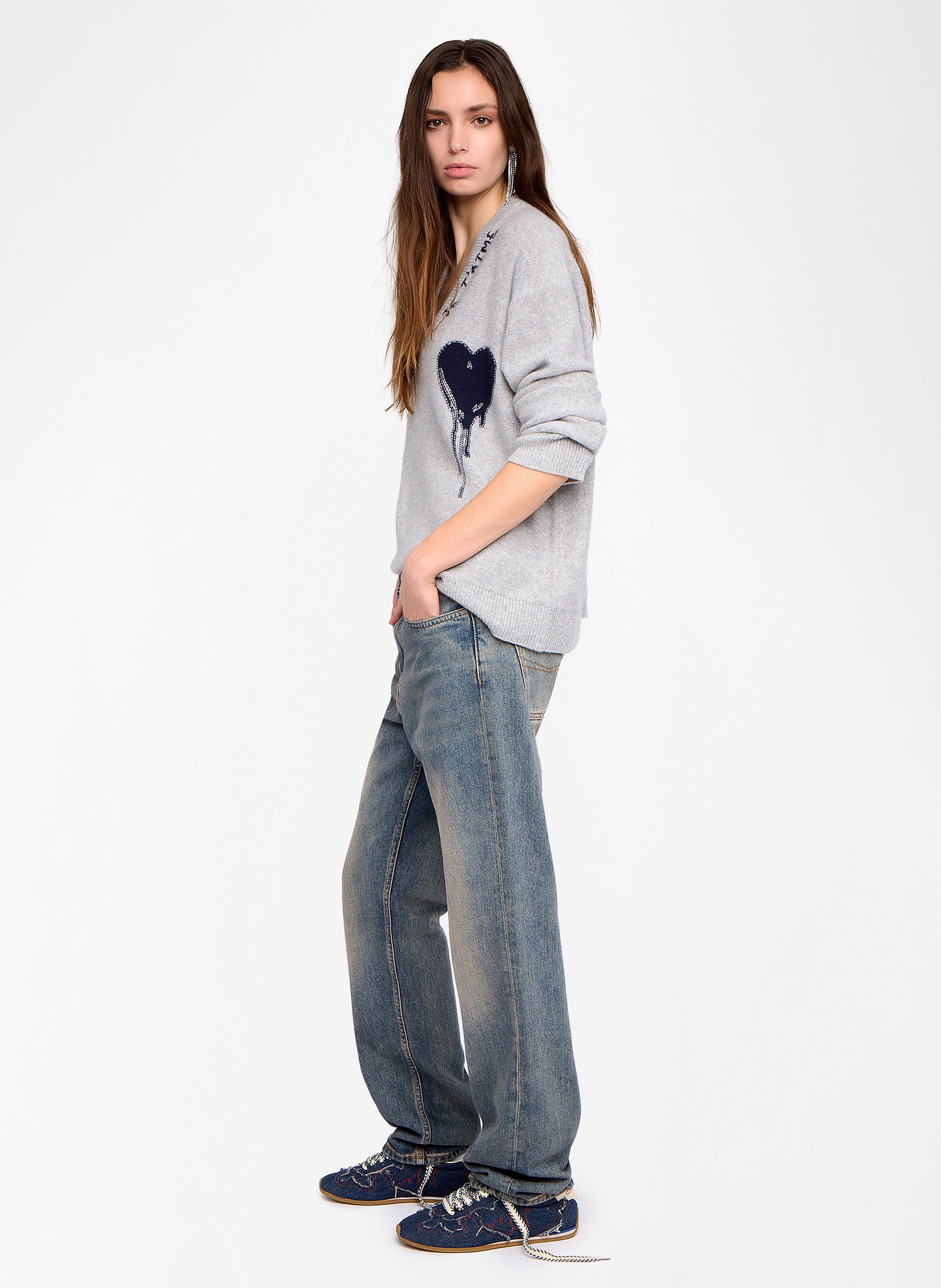 Pull droit col V en cachemire imprimé ZADIG&VOLTAIRE Gris