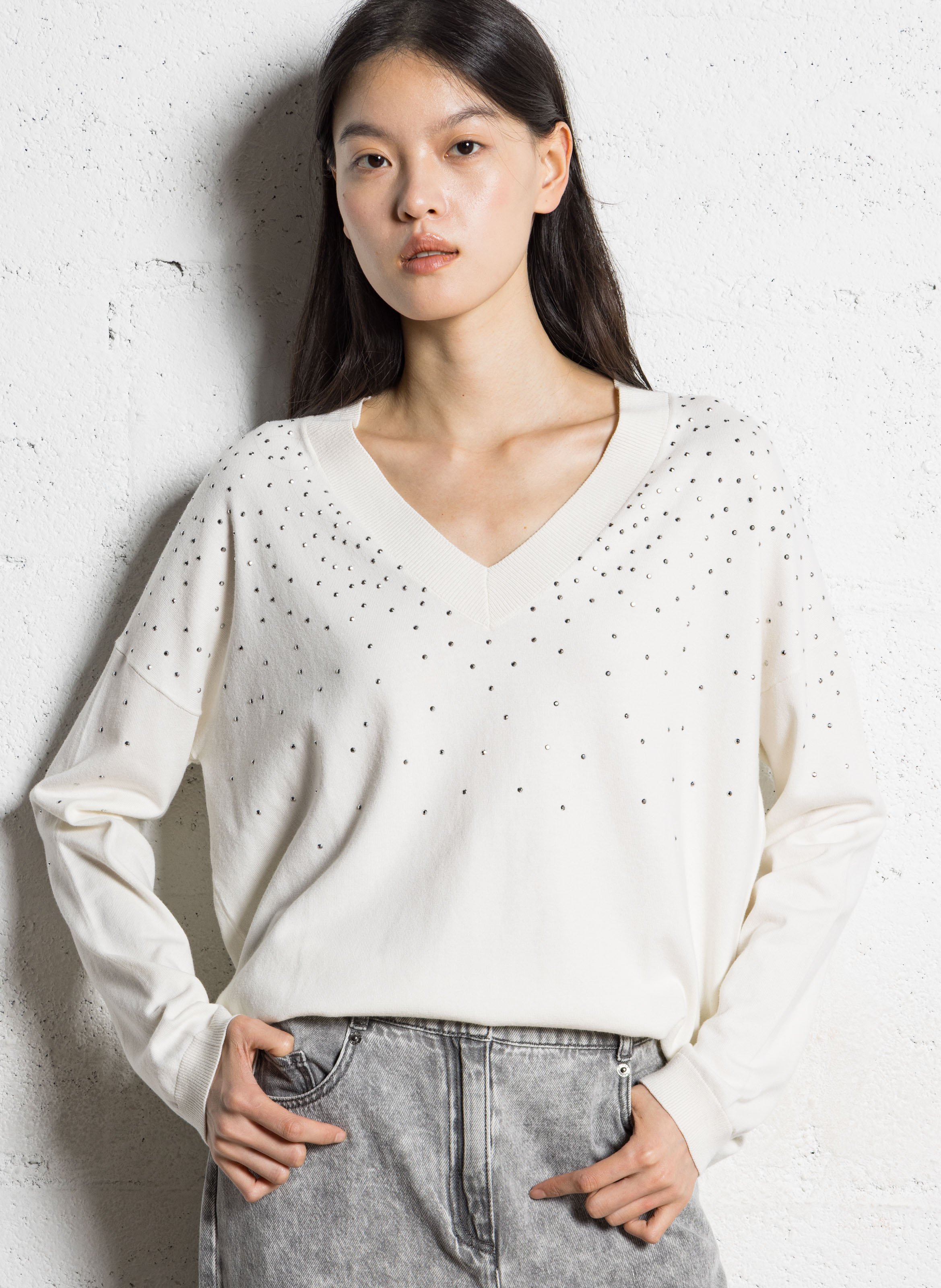 Oversized V-Ausschnitt-Pullover mit Strasssteinen IKKS Weiss