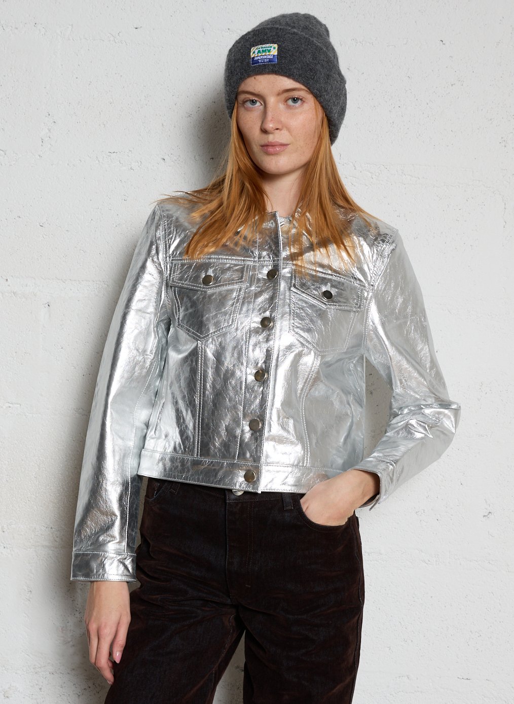Blouson droit col classique en cuir métallisé LA PETITE ETOILE Argent